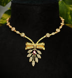 Gold-Tone Pink Stone Bow AD Premium Necklace Set for Women - Glossy Finish