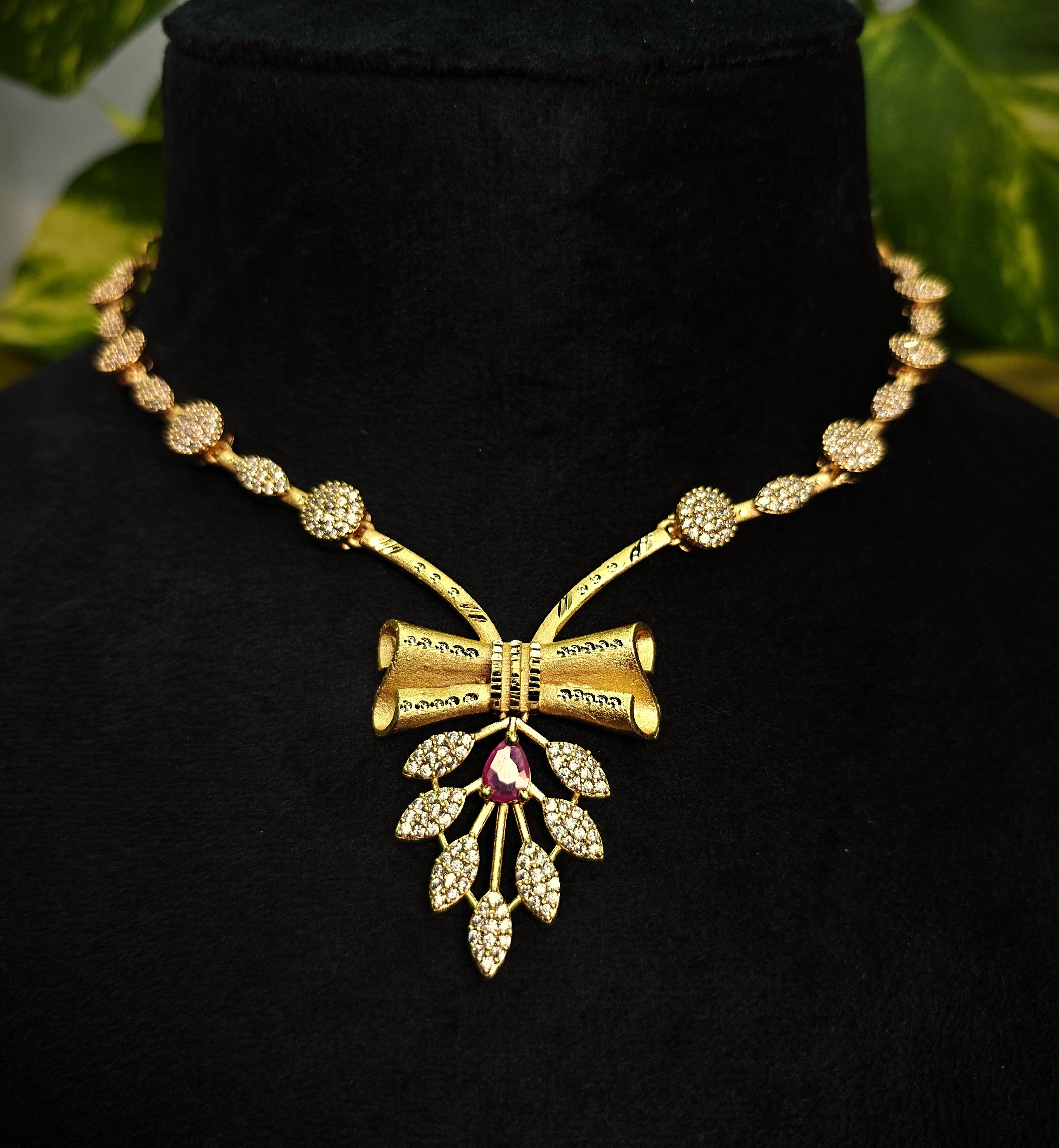 Gold-Tone Pink Stone Bow AD Premium Necklace Set for Women - Glossy Finish
