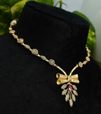 Gold-Tone Pink Stone Bow AD Premium Necklace Set for Women - Glossy Finish