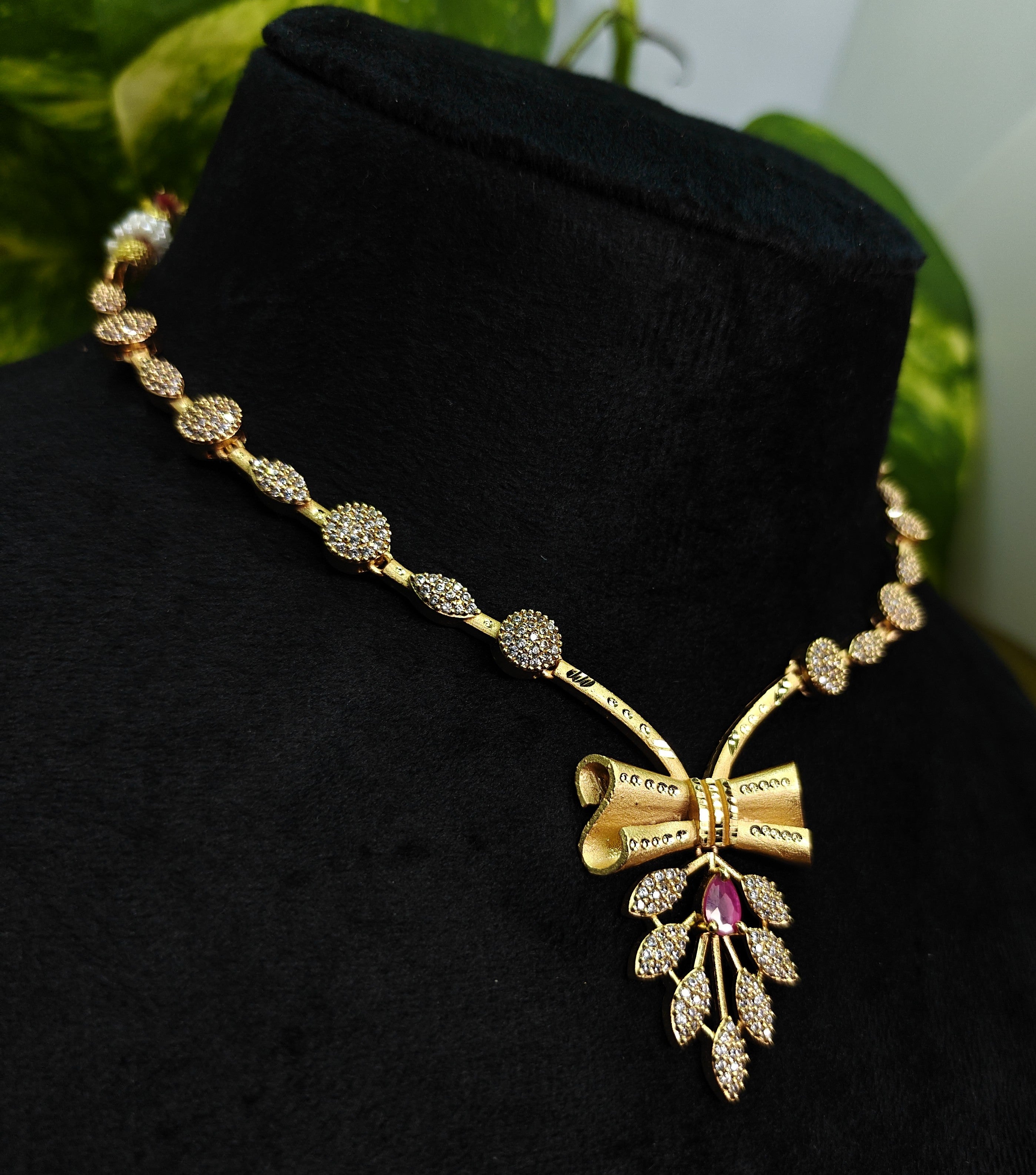 Gold-Tone Pink Stone Bow AD Premium Necklace Set for Women - Glossy Finish