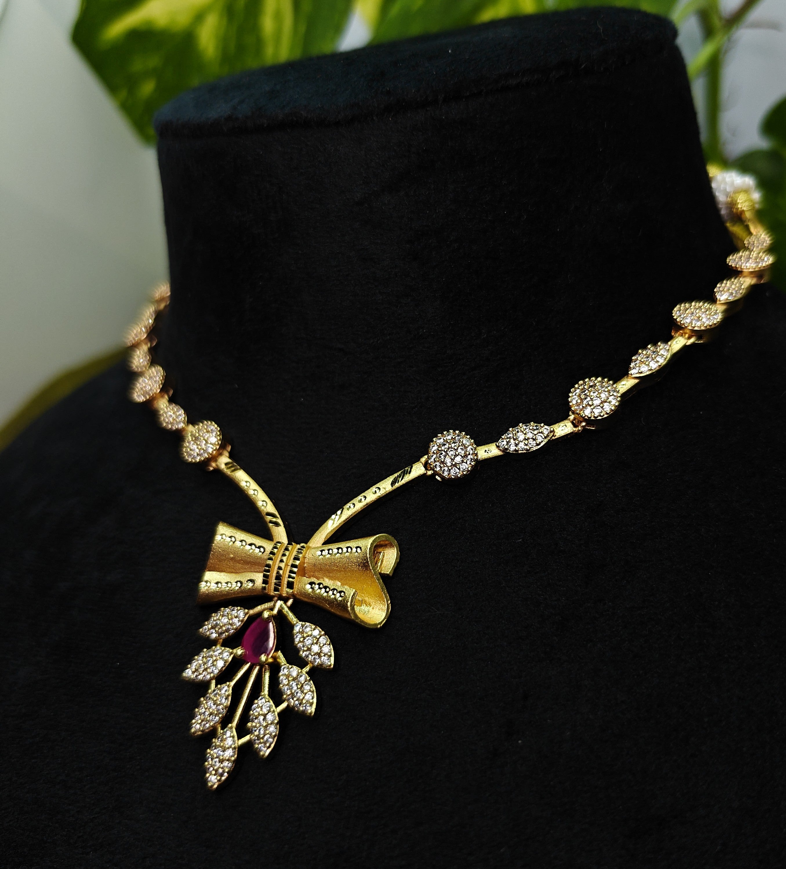Gold-Tone Pink Stone Bow AD Premium Necklace Set for Women - Glossy Finish