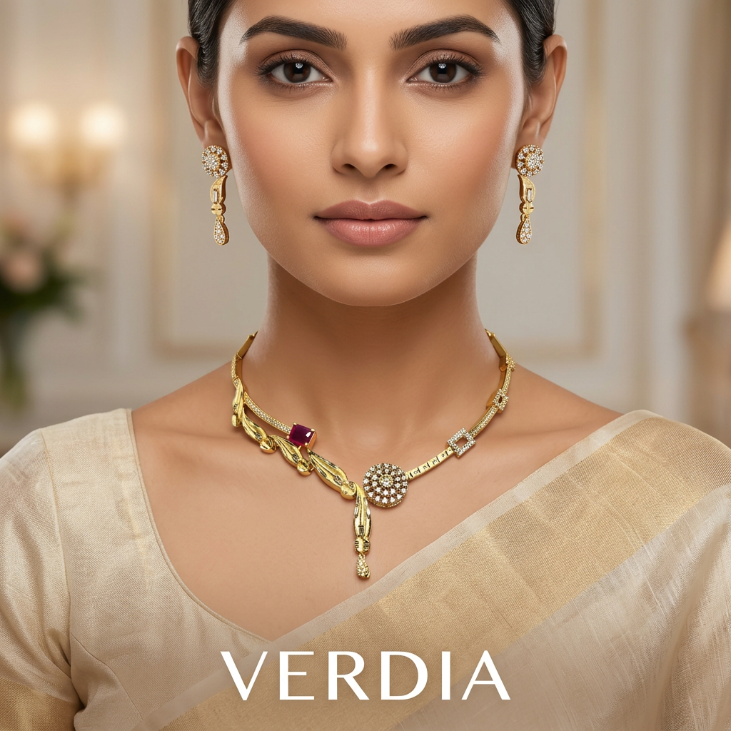 Gold-Tone Premium Asymmetrical Abstract AD Necklace Set for Women - Glossy Finish
