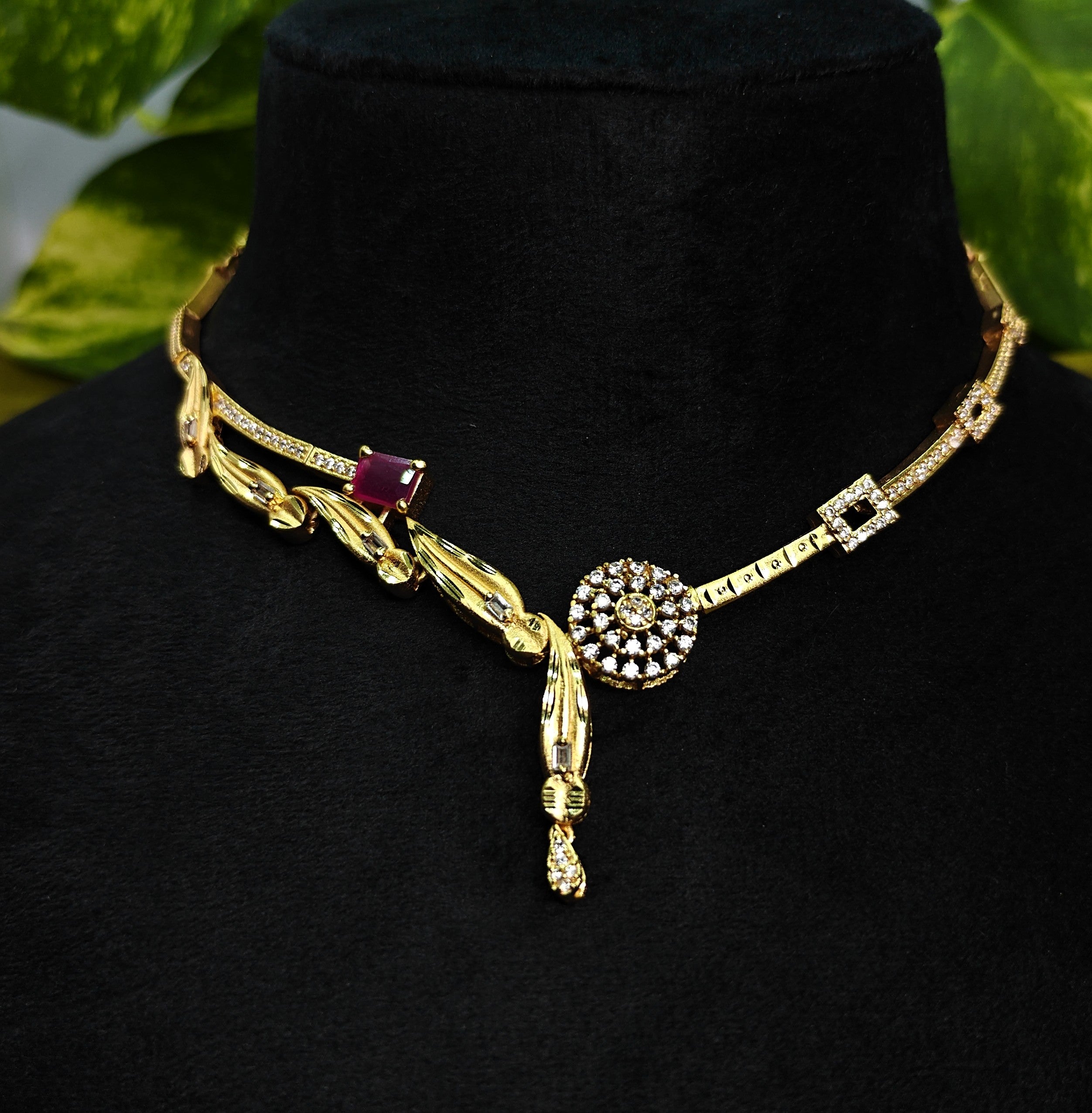 Gold-Tone Premium Asymmetrical Abstract AD Necklace Set for Women - Glossy Finish