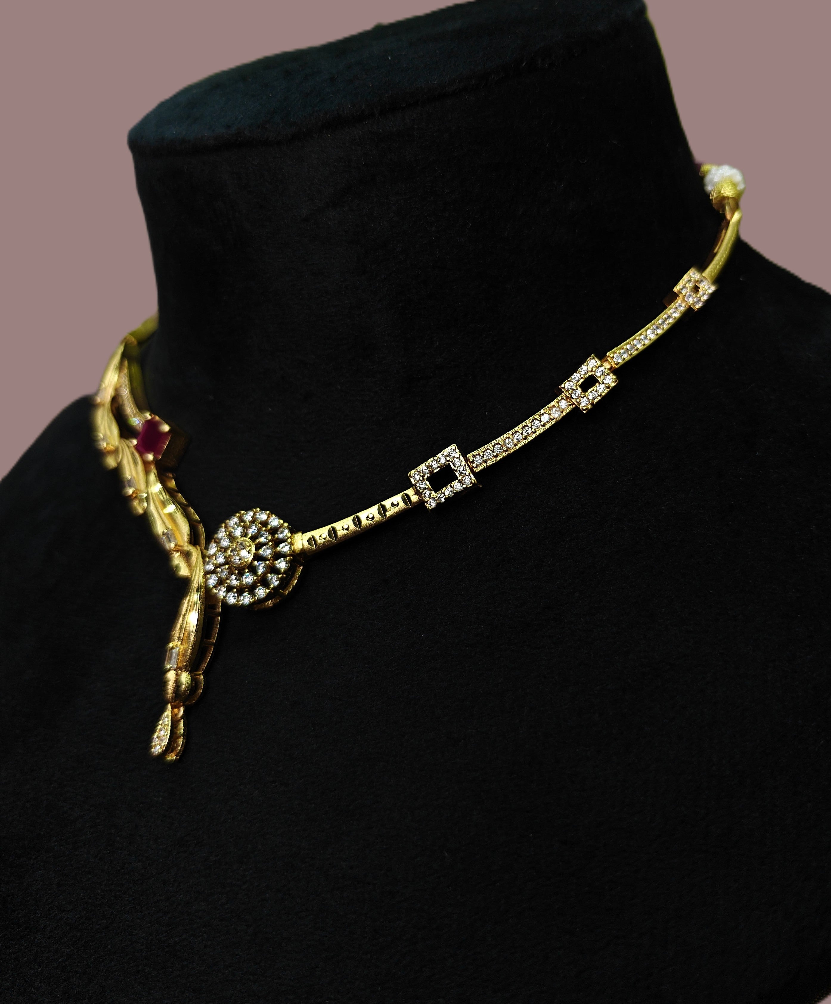 Gold-Tone Premium Asymmetrical Abstract AD Necklace Set for Women - Glossy Finish
