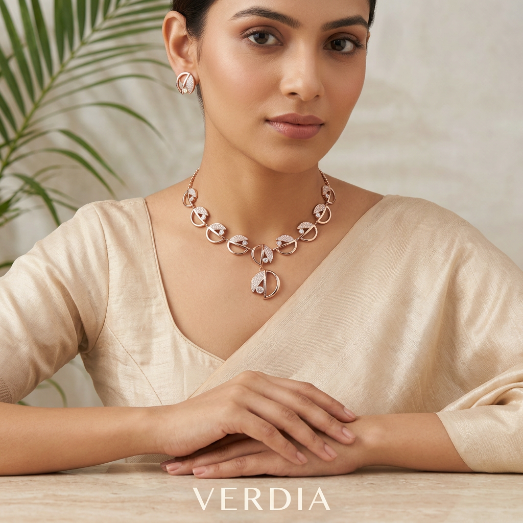 Gold-Tone Premium Asymmetrical Fusion Design AD Necklace Set for Women - Glossy Finish