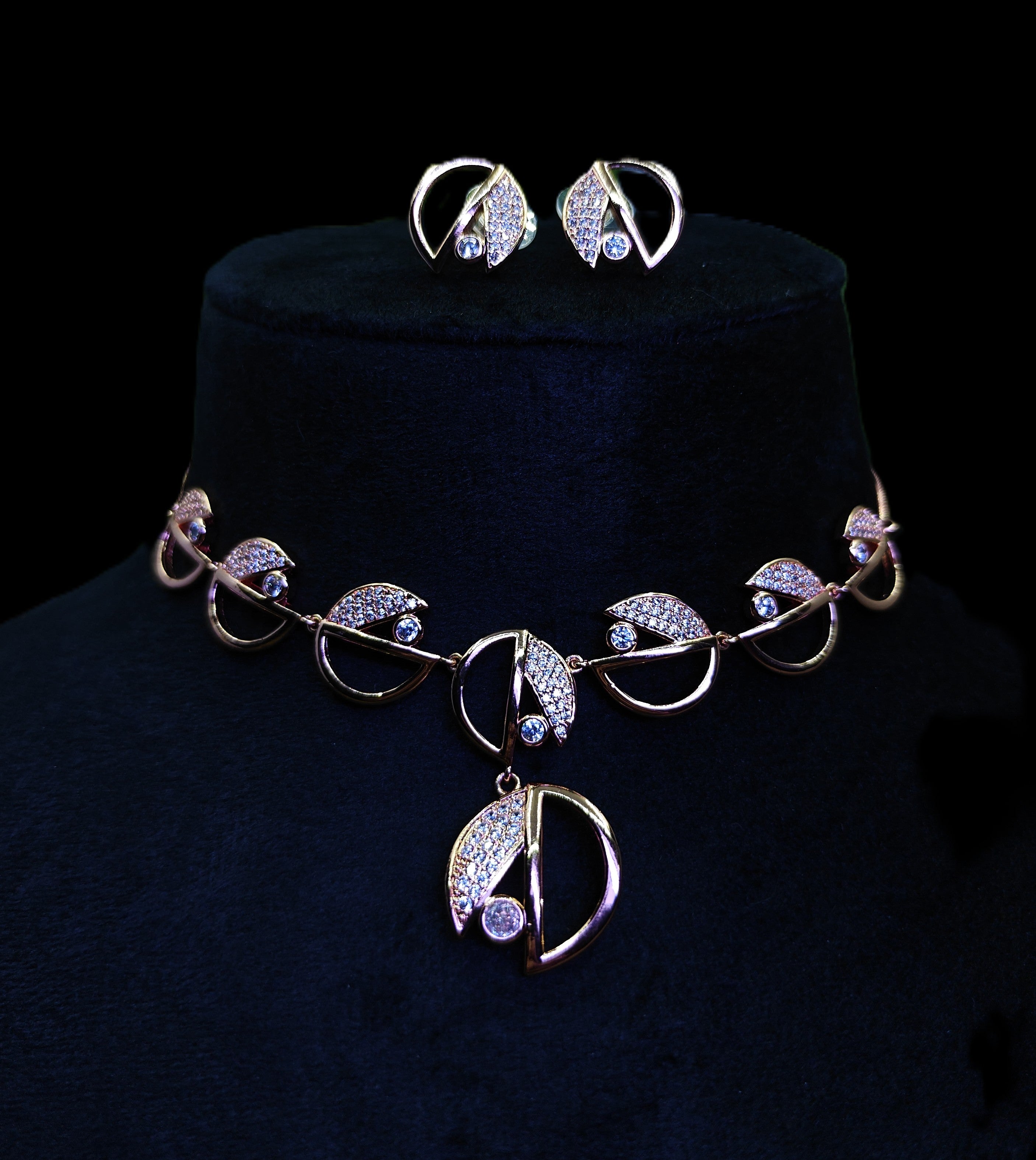 Gold-Tone Premium Asymmetrical Fusion Design AD Necklace Set for Women - Glossy Finish