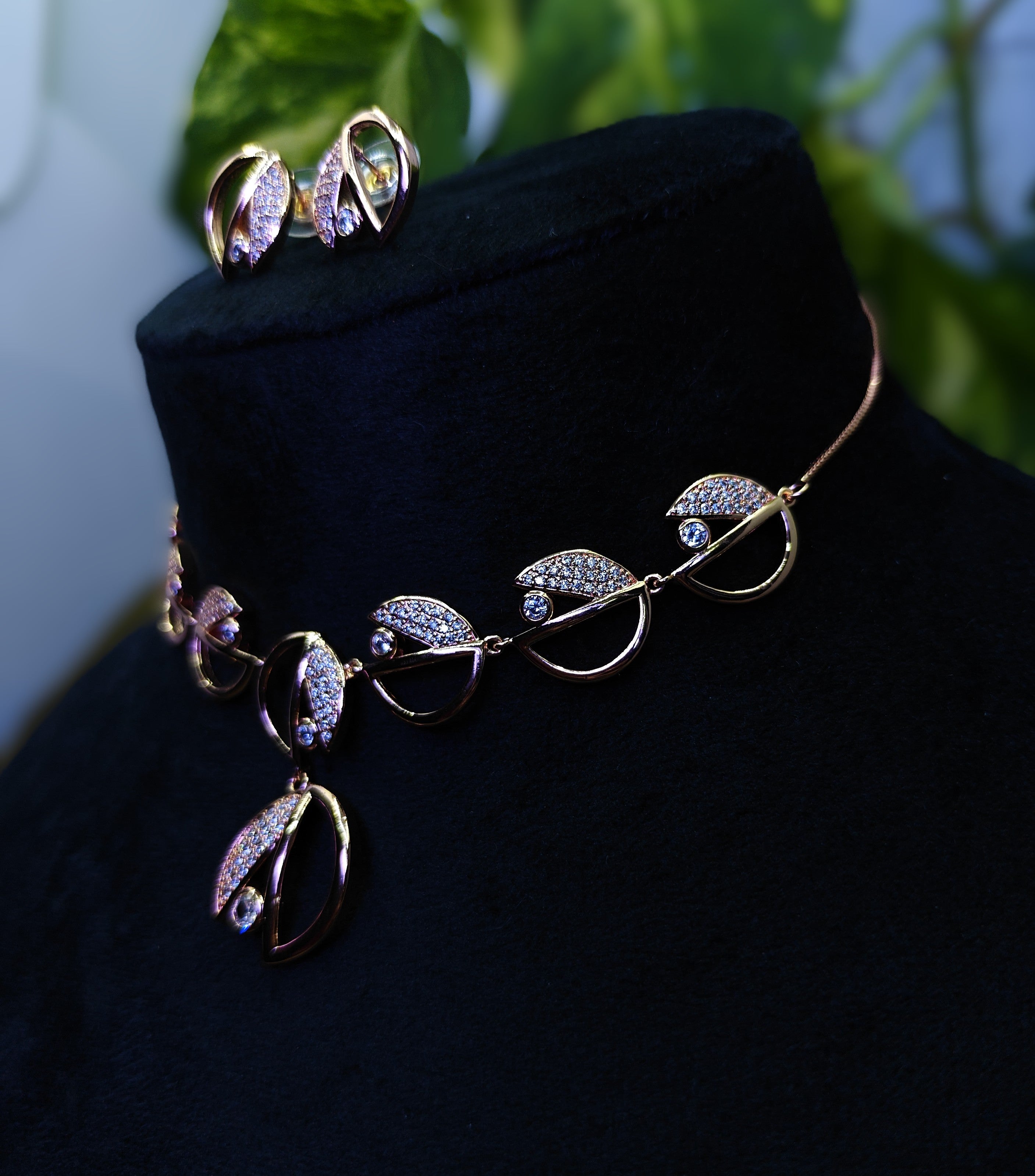 Gold-Tone Premium Asymmetrical Fusion Design AD Necklace Set for Women - Glossy Finish