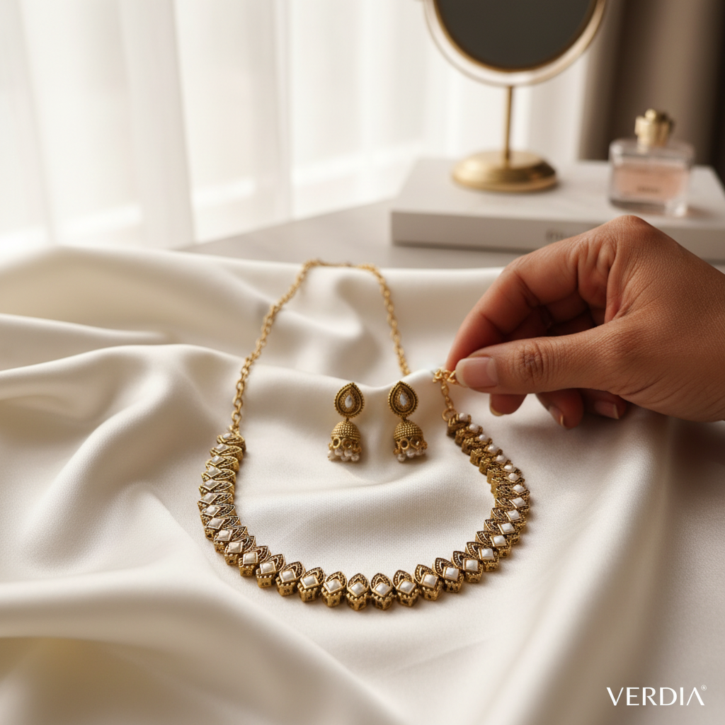 Antique Gold Pearl Drop Leaf Necklace Set for Women - Matte Finish