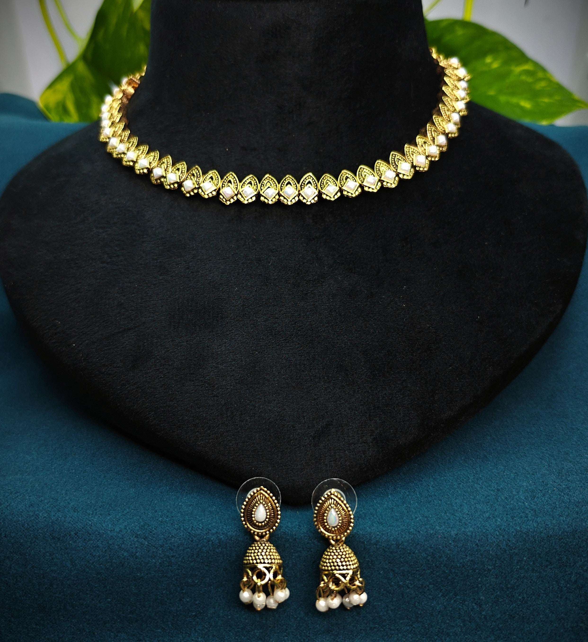 Antique Gold Pearl Drop Leaf Necklace Set for Women - Matte Finish