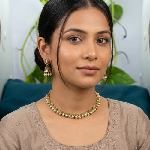 Antique Gold Pearl Drop Leaf Necklace Set for Women - Matte Finish