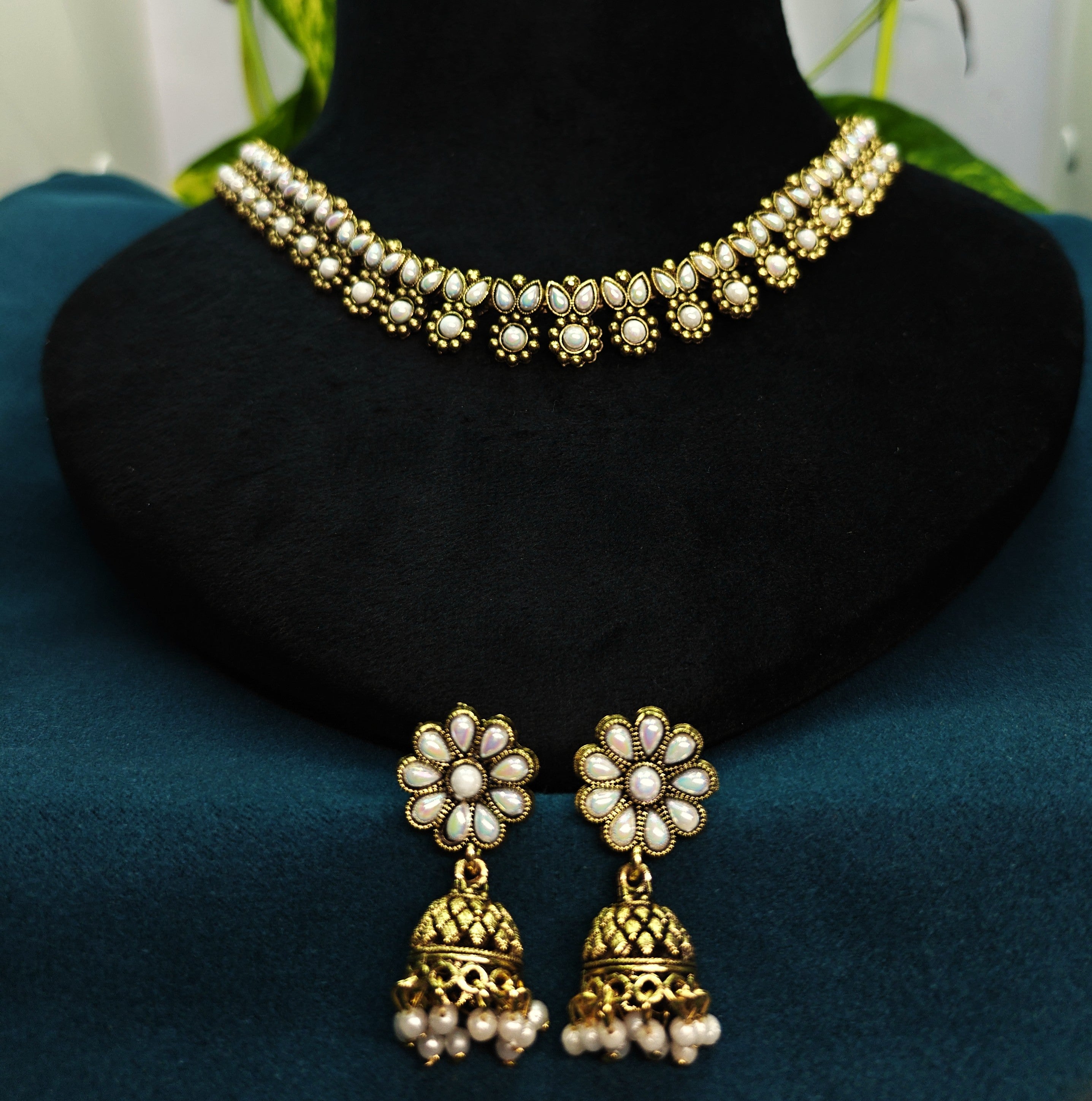 Antique Gold Pearl Floral Choker Set for Women - Matte Finish