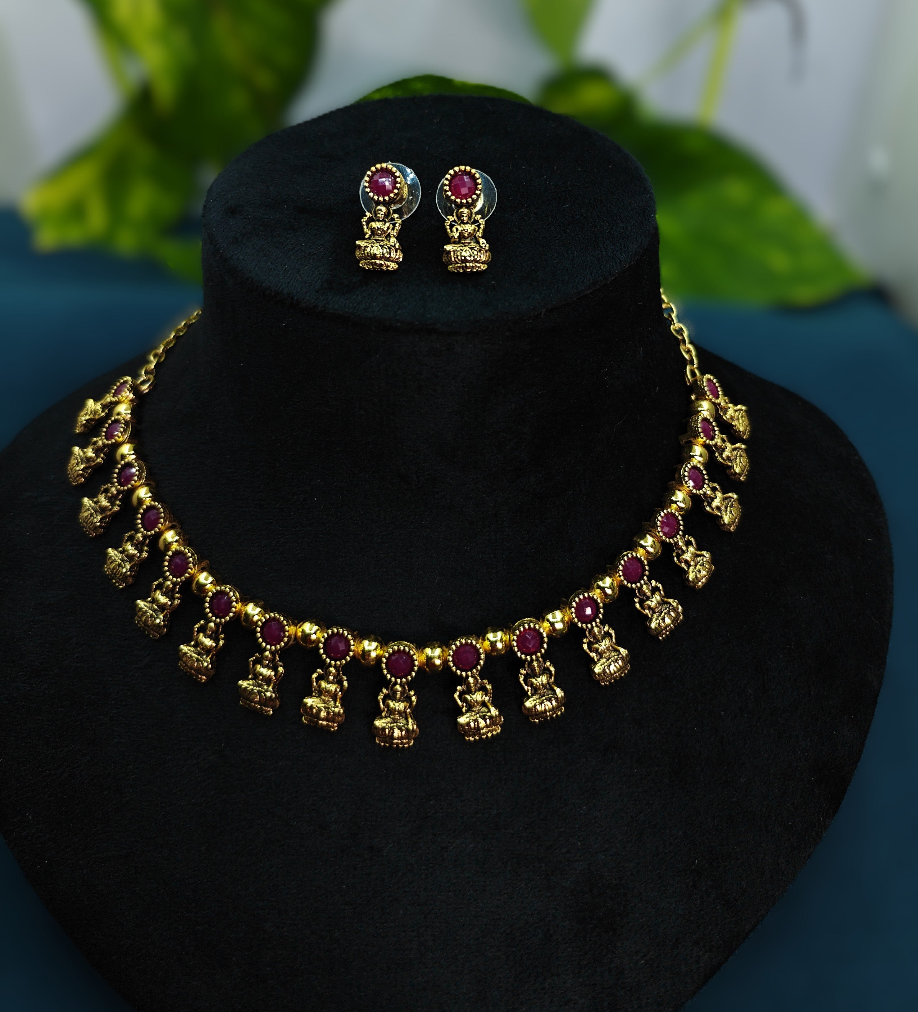 Antique Gold Ruby Red Devi Choker Set for Women - Matte Finish