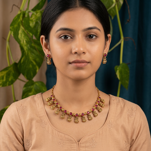 Antique Gold Ruby Red Devi Choker Set for Women - Matte Finish