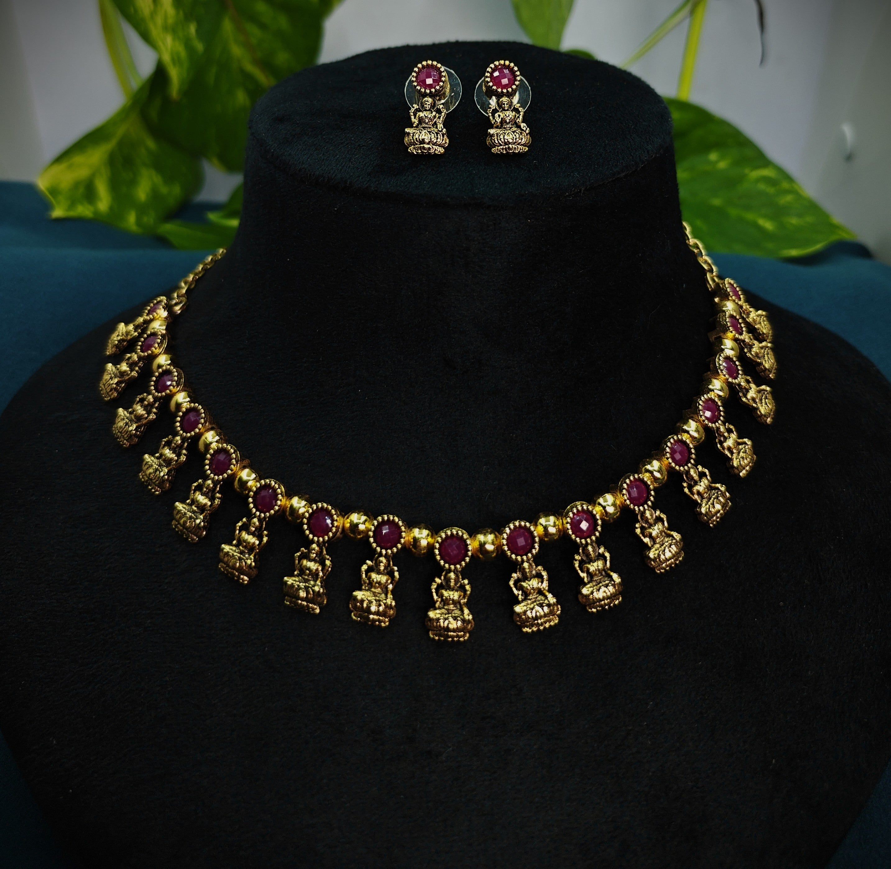 Antique Gold Ruby Red Devi Choker Set for Women - Matte Finish