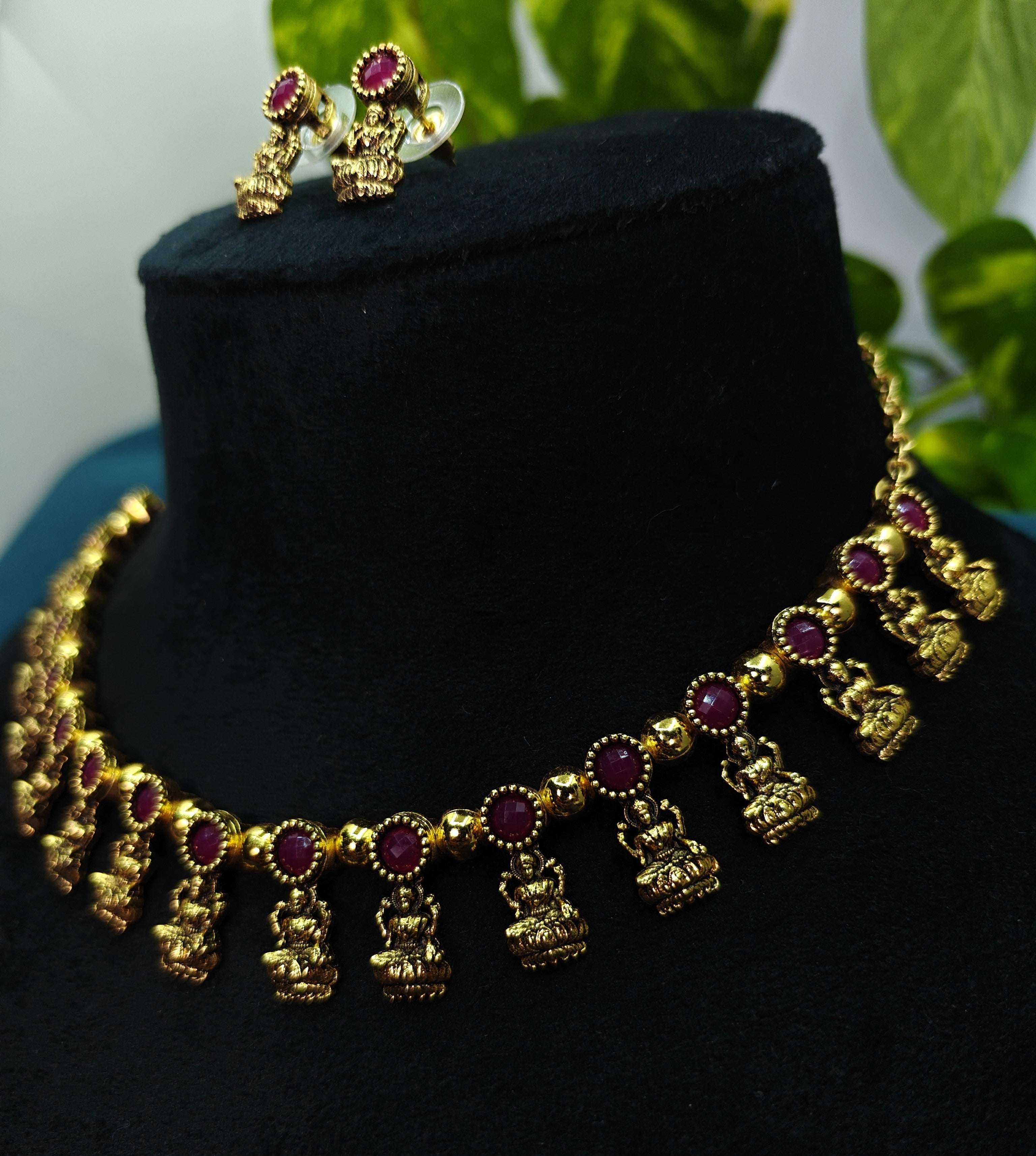 Antique Gold Ruby Red Devi Choker Set for Women - Matte Finish