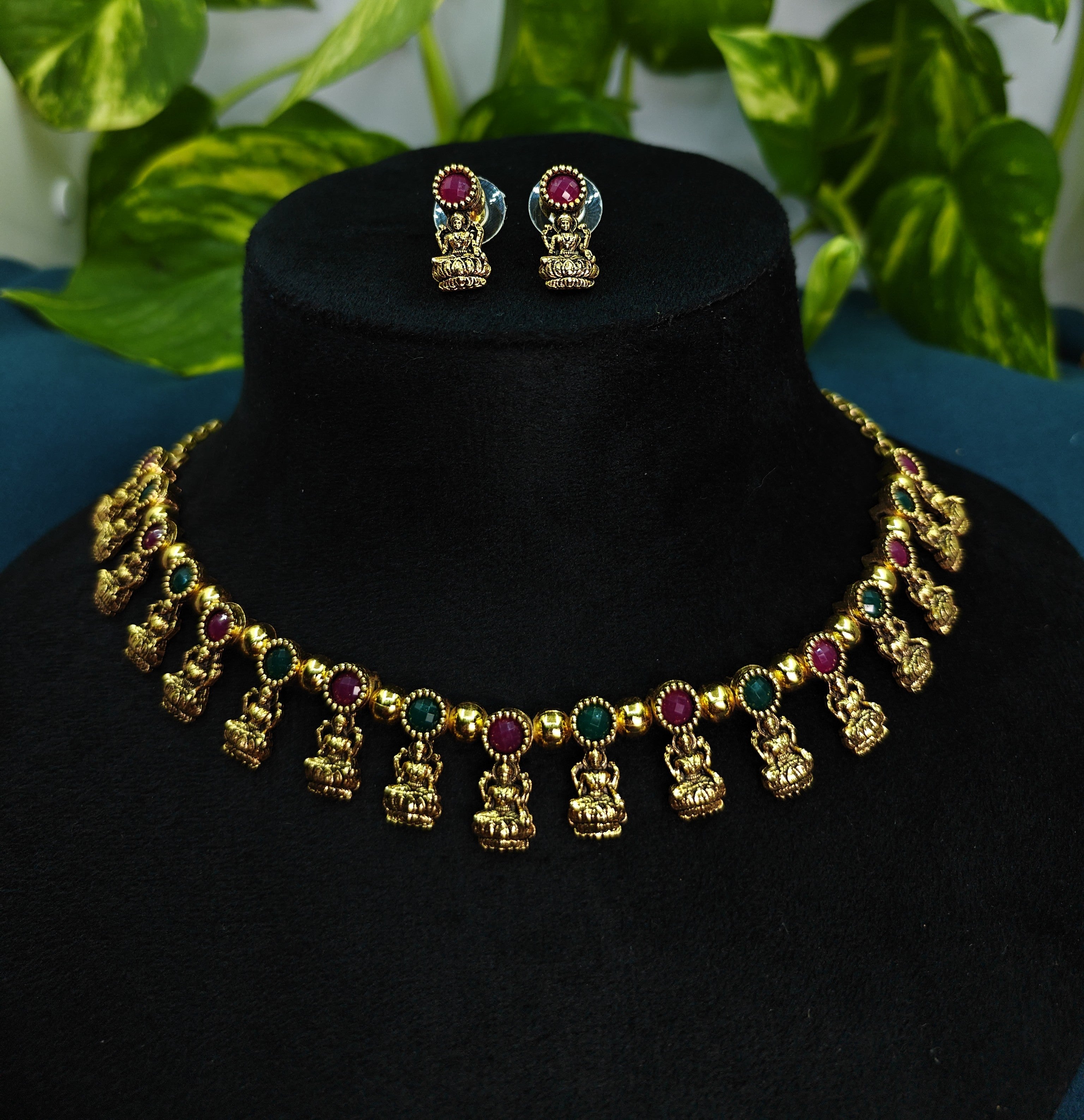 Antique Gold Ruby Emerald Devi Choker Set for Women - Matte Finish