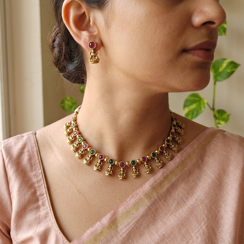 Antique Gold Ruby Emerald Devi Choker Set for Women - Matte Finish