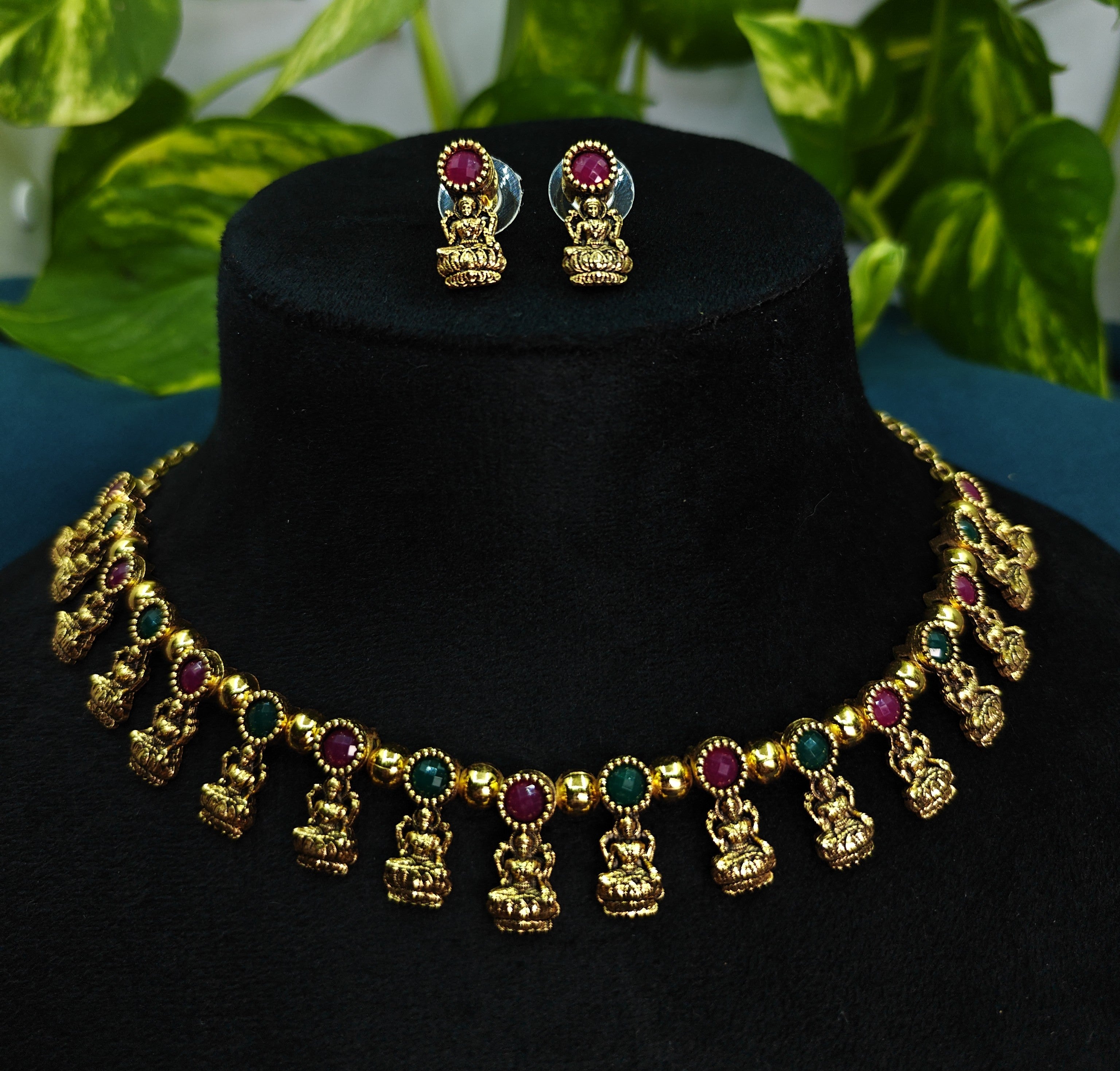 Antique Gold Ruby Emerald Devi Choker Set for Women - Matte Finish
