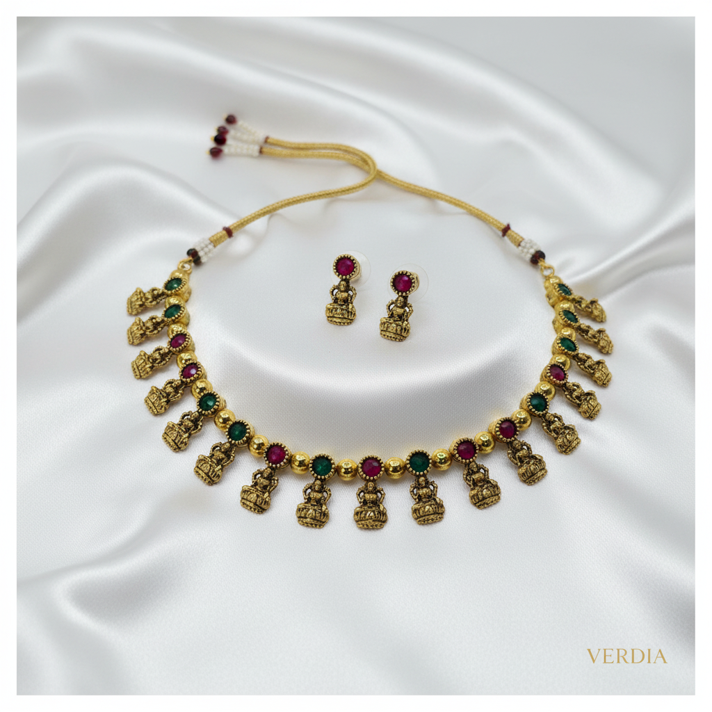 Antique Gold Ruby Emerald Devi Choker Set for Women - Matte Finish