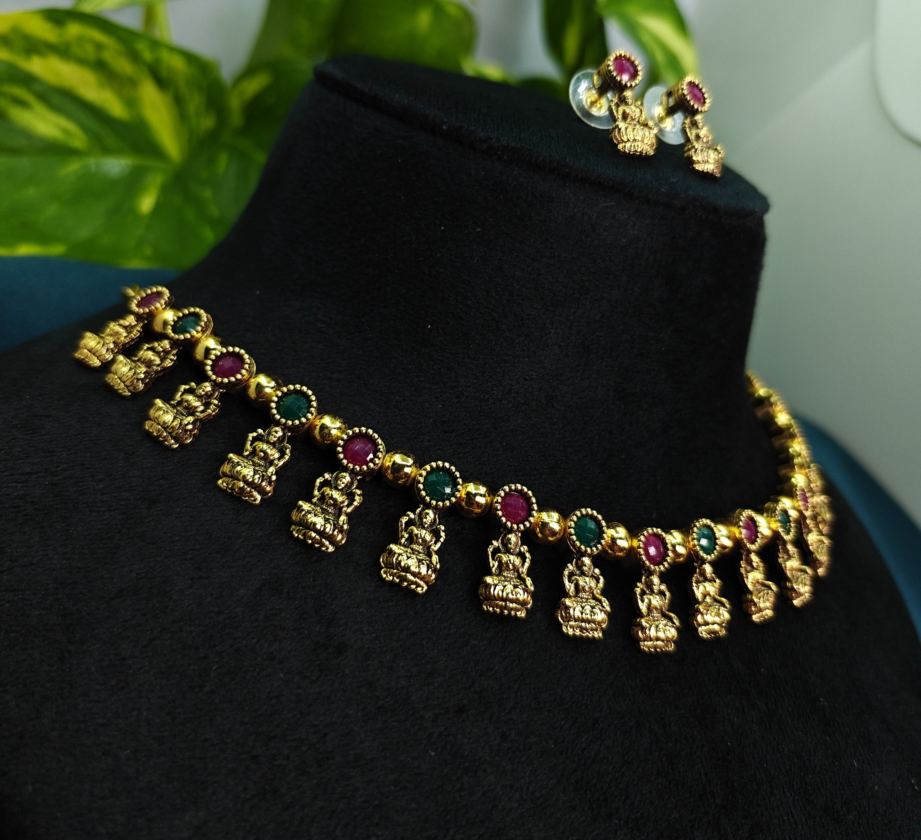 Antique Gold Ruby Emerald Devi Choker Set for Women - Matte Finish