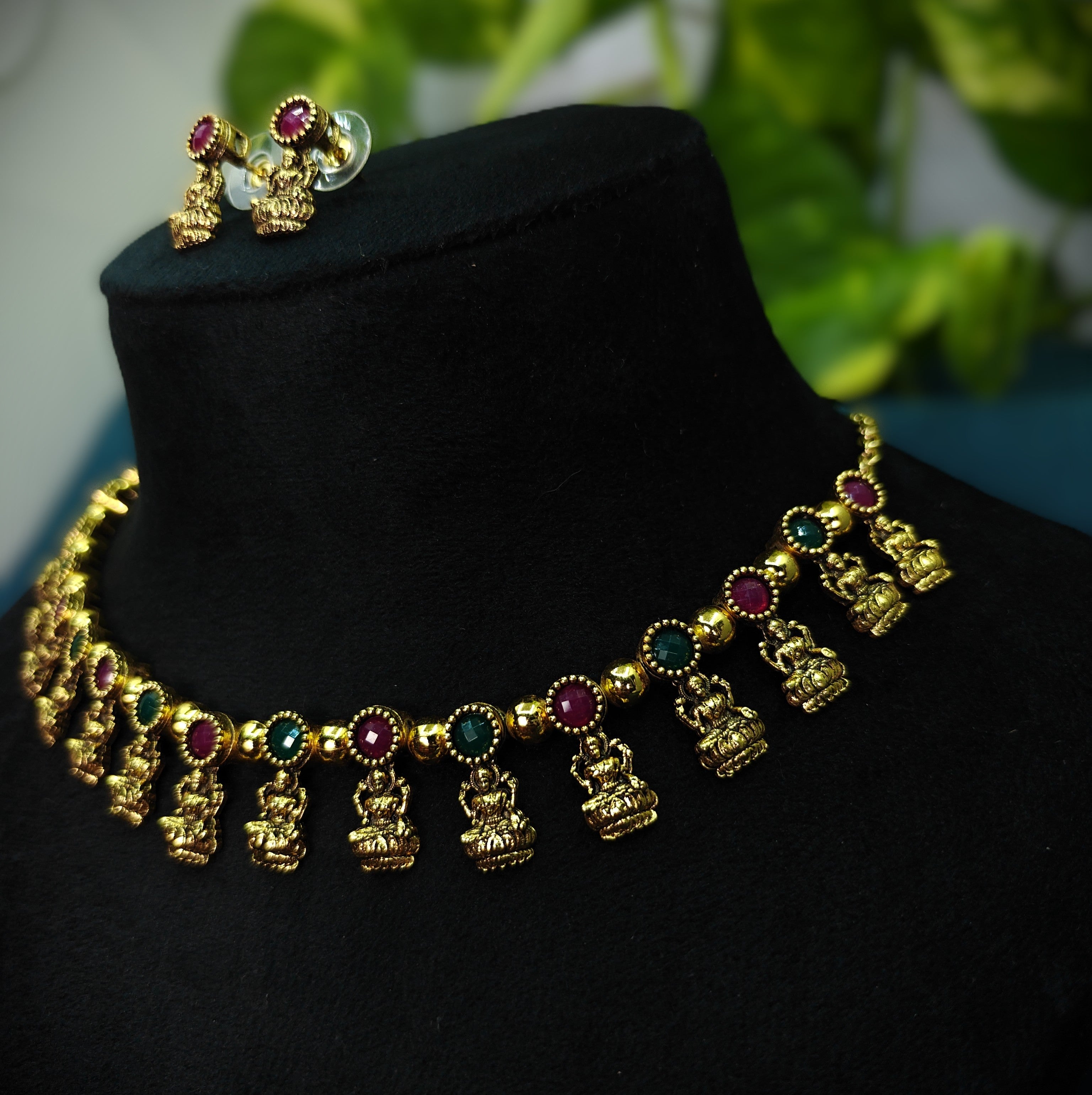 Antique Gold Ruby Emerald Devi Choker Set for Women - Matte Finish