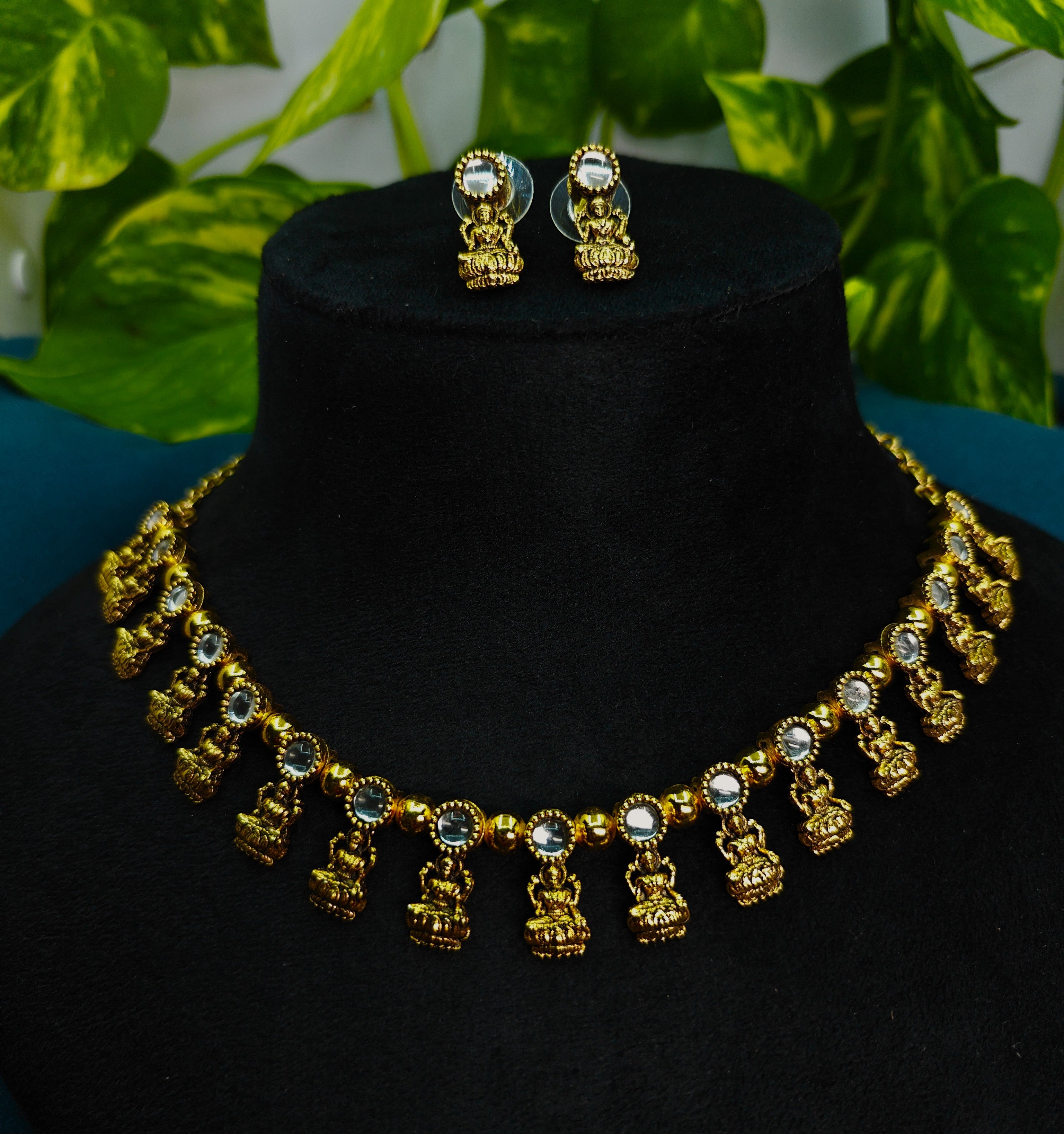 Antique Gold Pearl Kundan Devi Choker Set for Women - Matte Finish