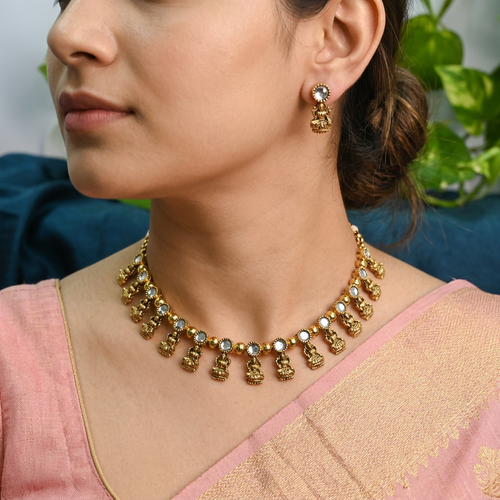 Antique Gold Pearl Kundan Devi Choker Set for Women - Matte Finish