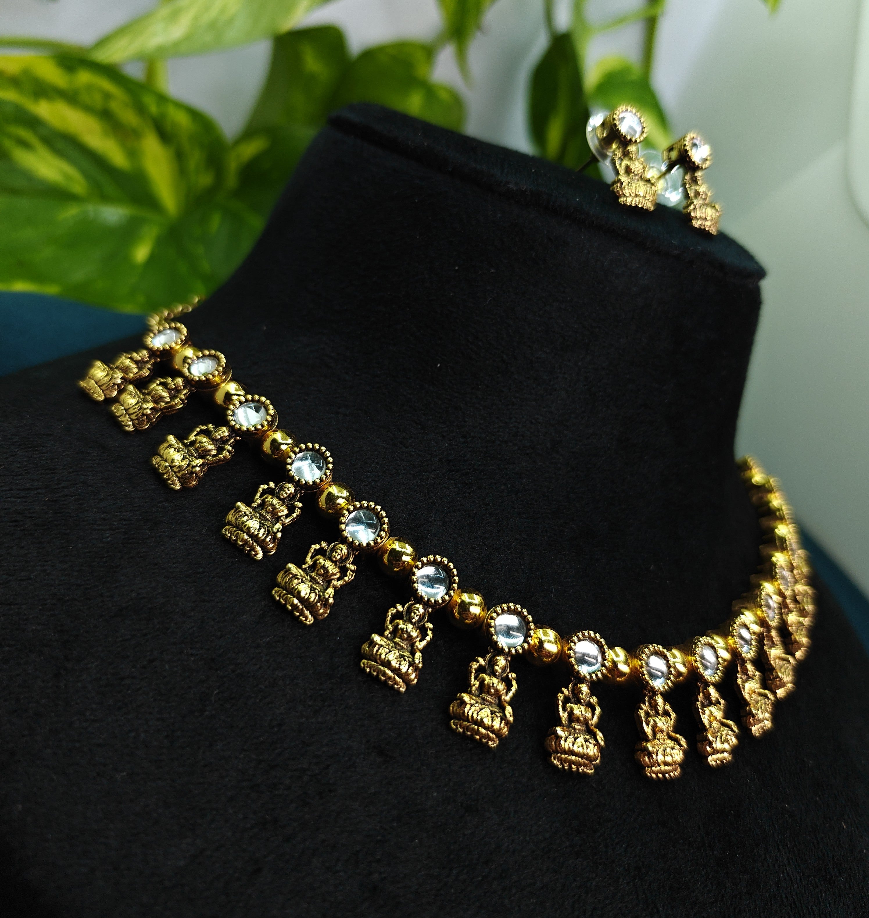 Antique Gold Pearl Kundan Devi Choker Set for Women - Matte Finish