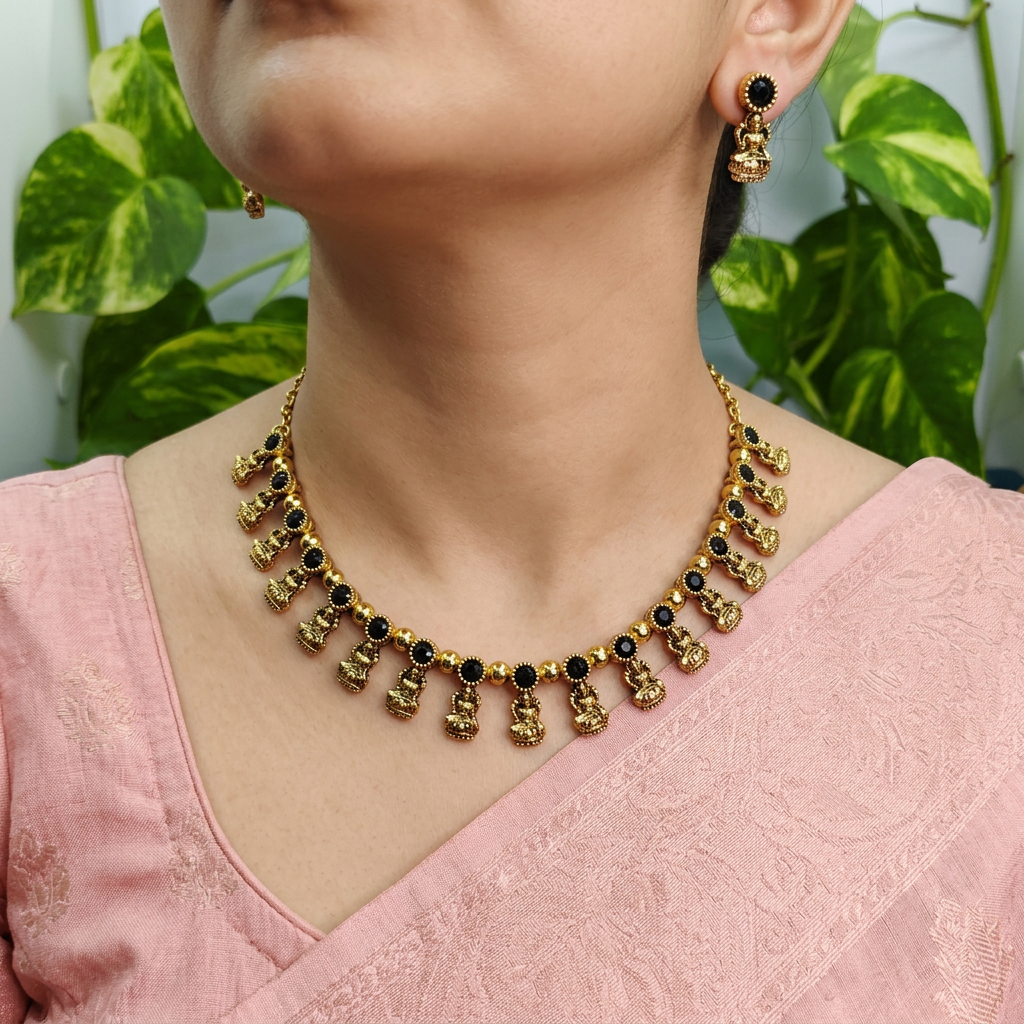 Antique Gold Sapphire Stone Devi Choker Set for Women - Matte Finish