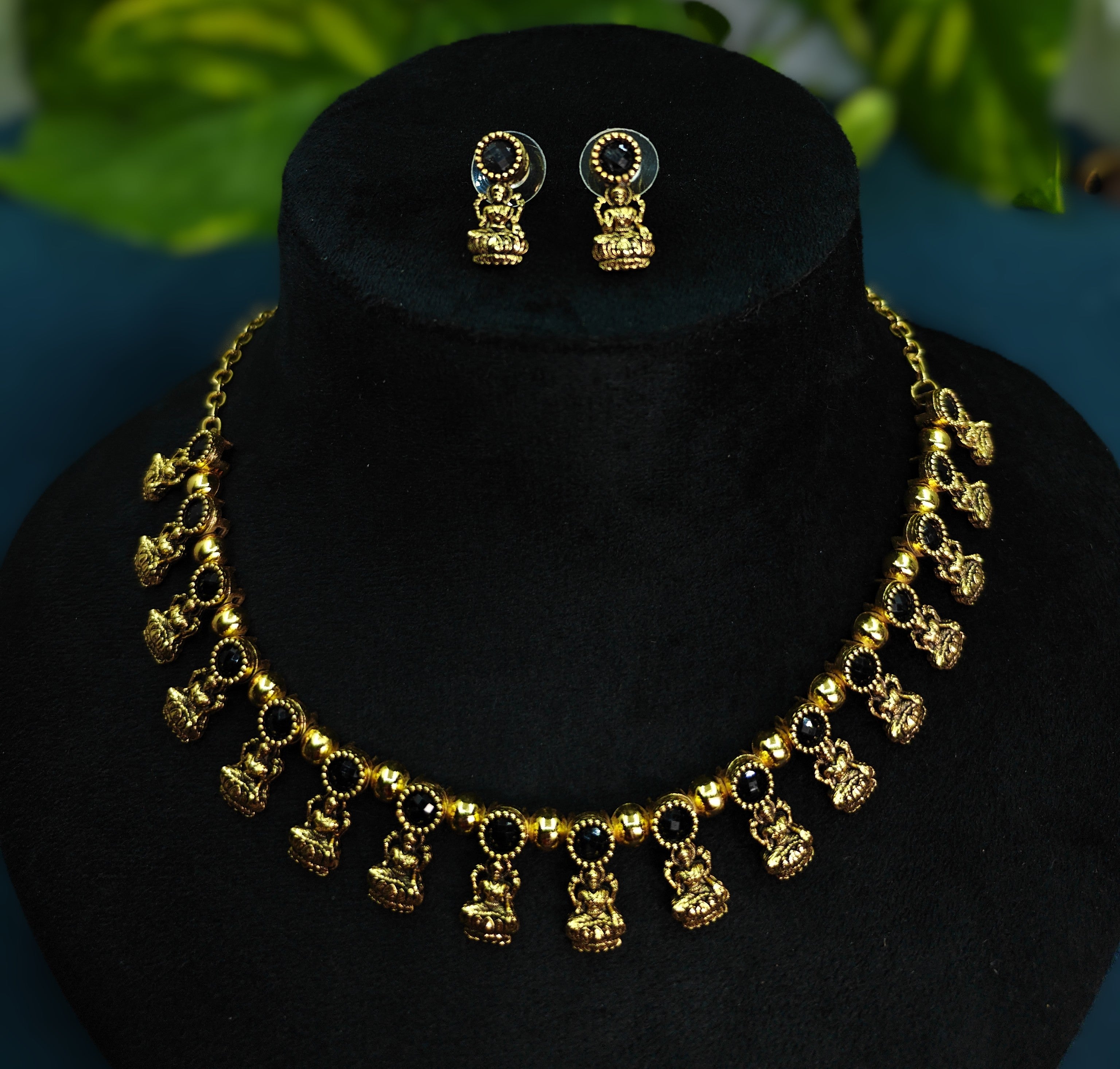 Antique Gold Sapphire Stone Devi Choker Set for Women - Matte Finish