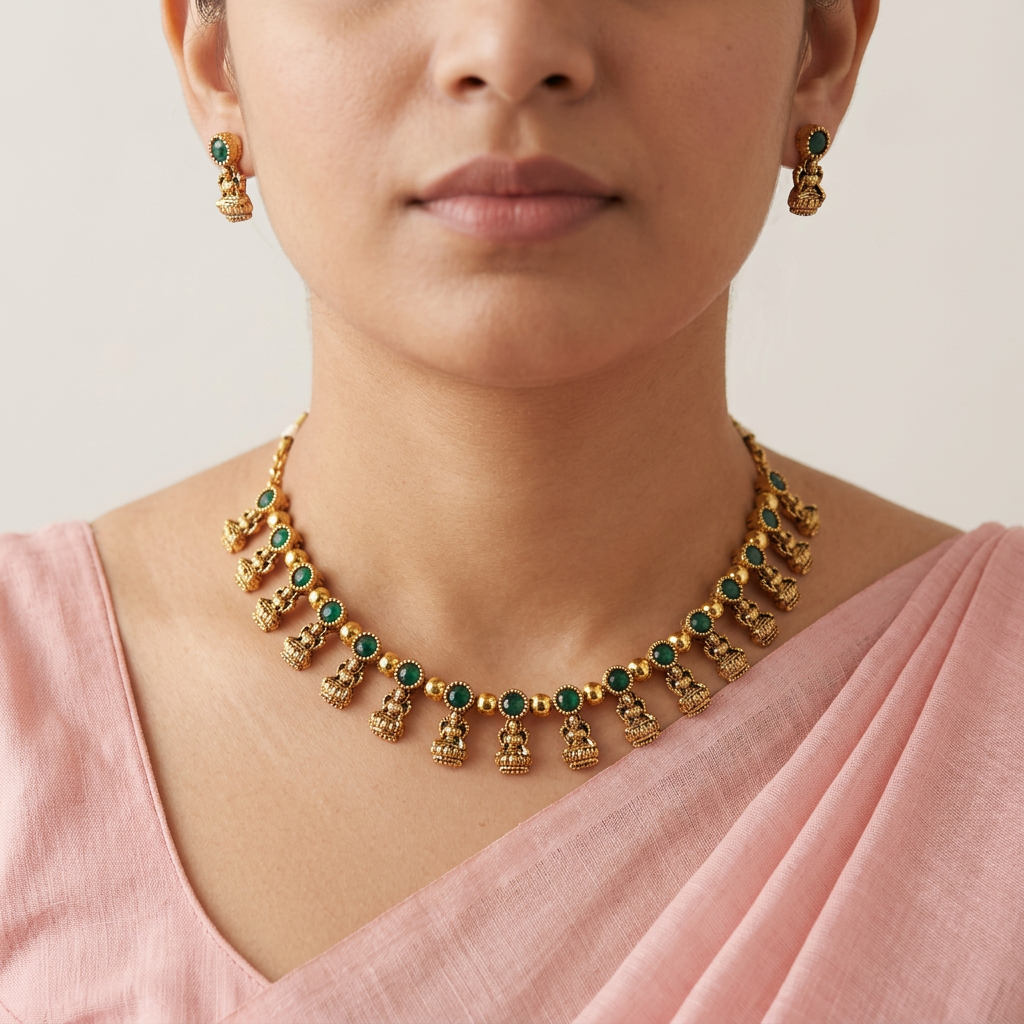Antique Gold Green Kundan Devi Choker Set for Women - Matte Finish