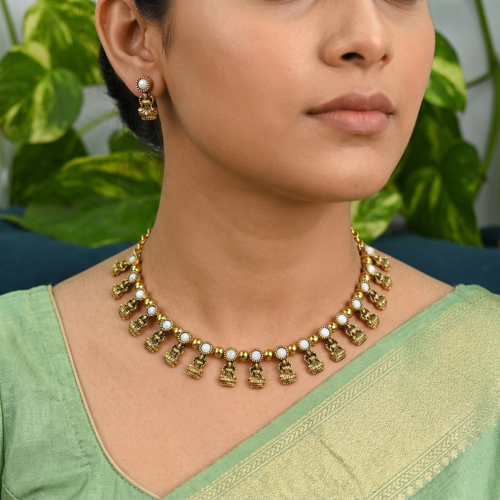 Antique Gold Pearl Devi Choker Set for Women - Matte Finish