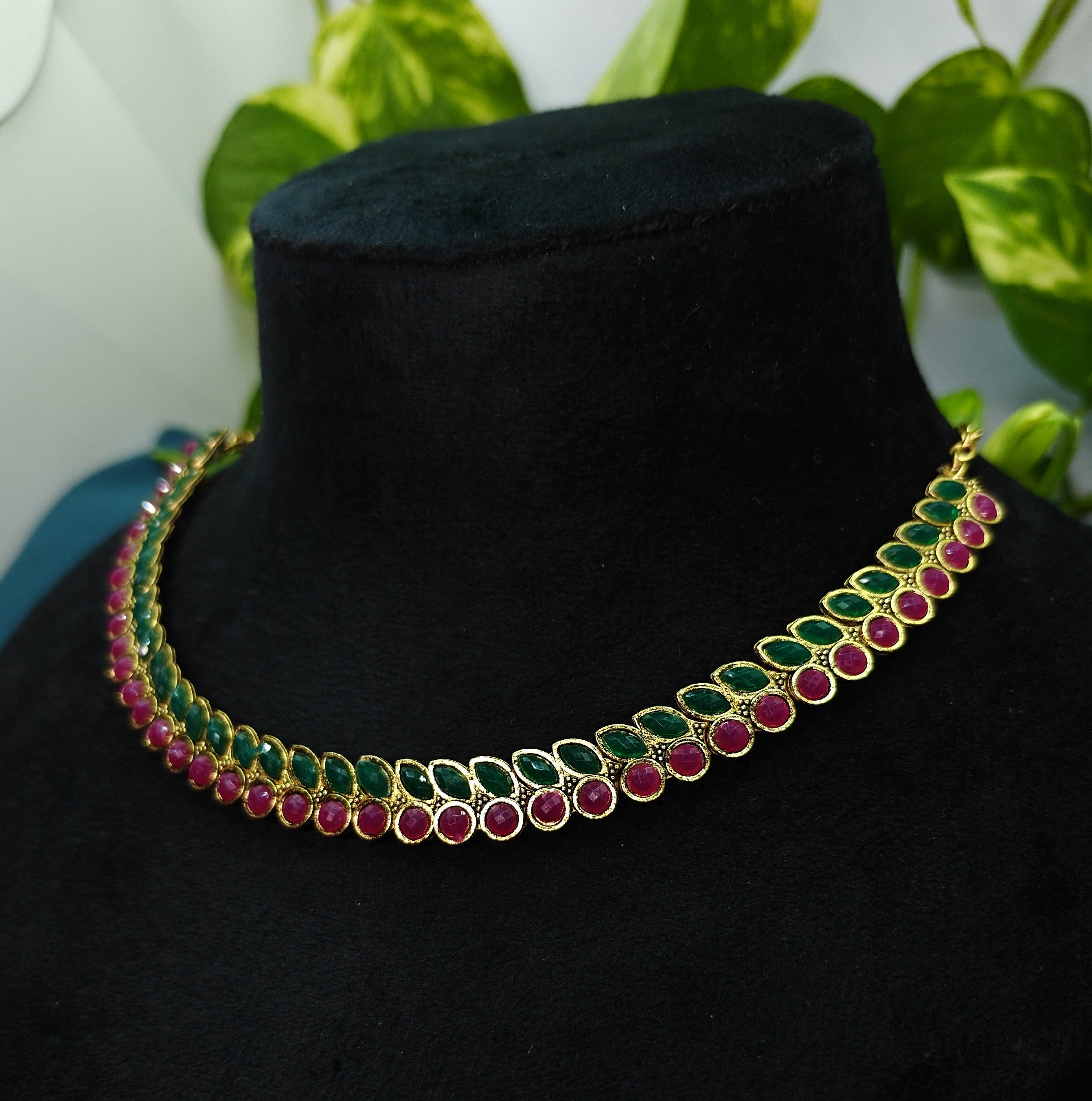 Antique Gold Ruby Emerald Dual Row Necklace Set for Women - Matte Finish