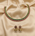 Antique Gold Ruby Emerald Dual Row Necklace Set for Women - Matte Finish