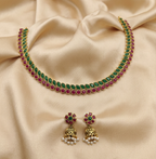 Antique Gold Ruby Emerald Dual Row Necklace Set for Women - Matte Finish