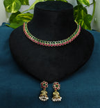 Antique Gold Ruby Emerald Dual Row Necklace Set for Women - Matte Finish