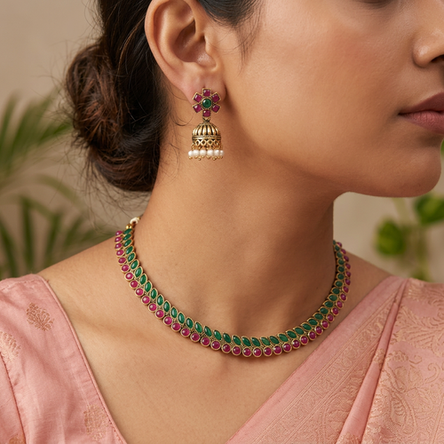 Antique Gold Ruby Emerald Dual Row Necklace Set for Women - Matte Finish