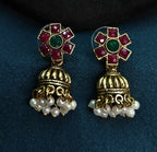 Antique Gold Ruby Emerald Dual Row Necklace Set for Women - Matte Finish