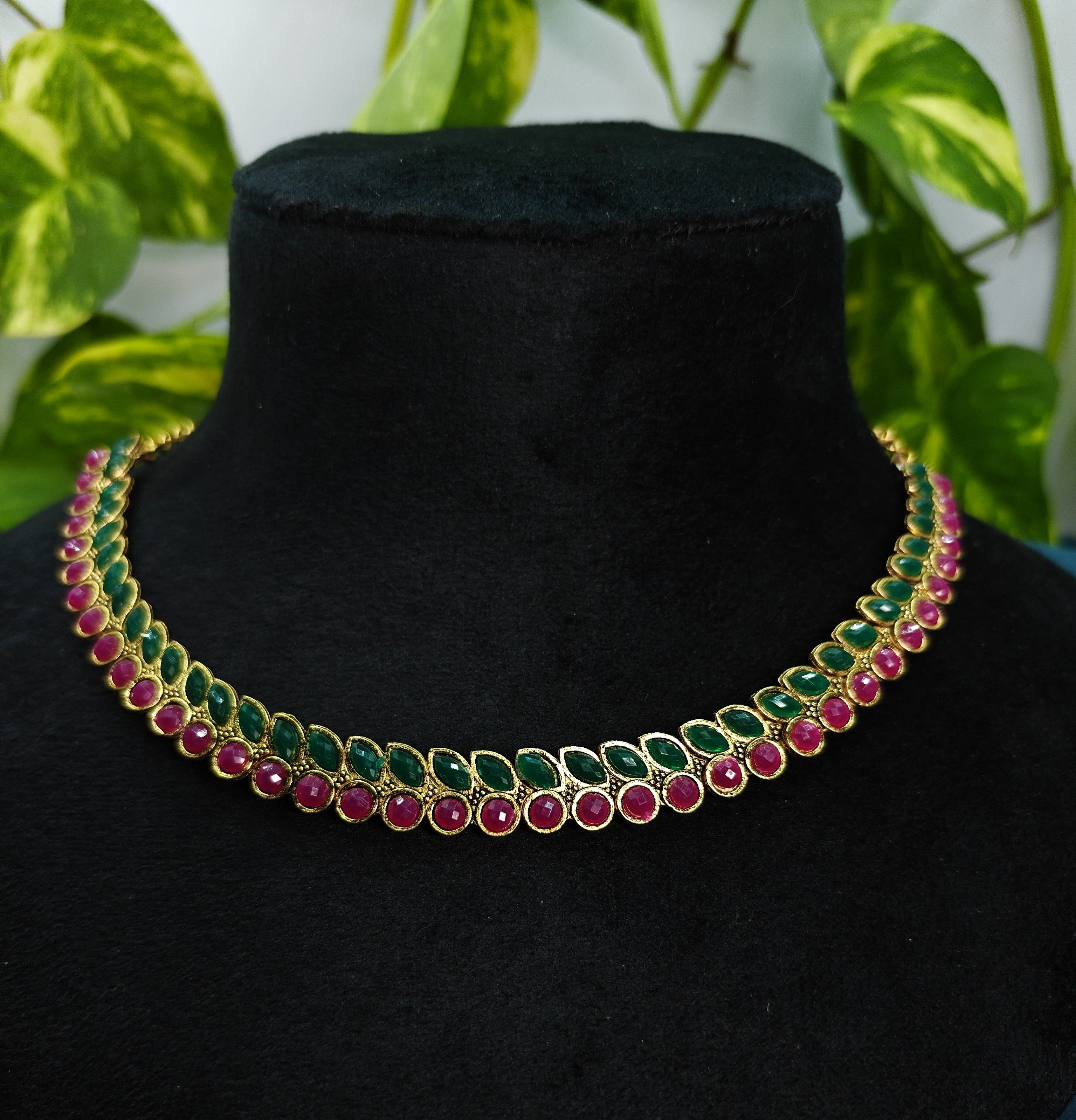 Antique Gold Ruby Emerald Dual Row Necklace Set for Women - Matte Finish