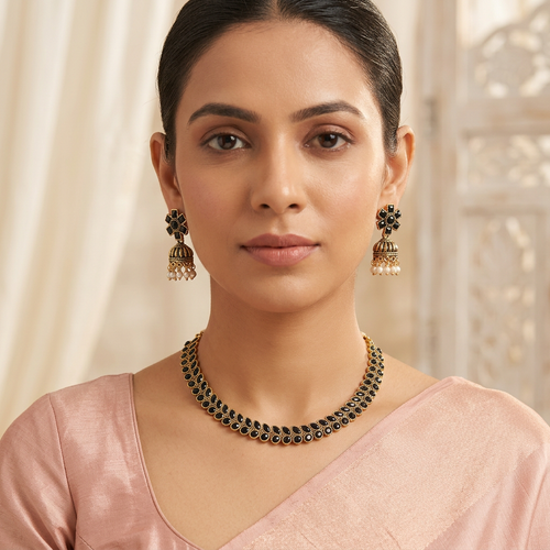 Antique Gold Black Kemp Dual Row Necklace Set for Women - Matte Finish