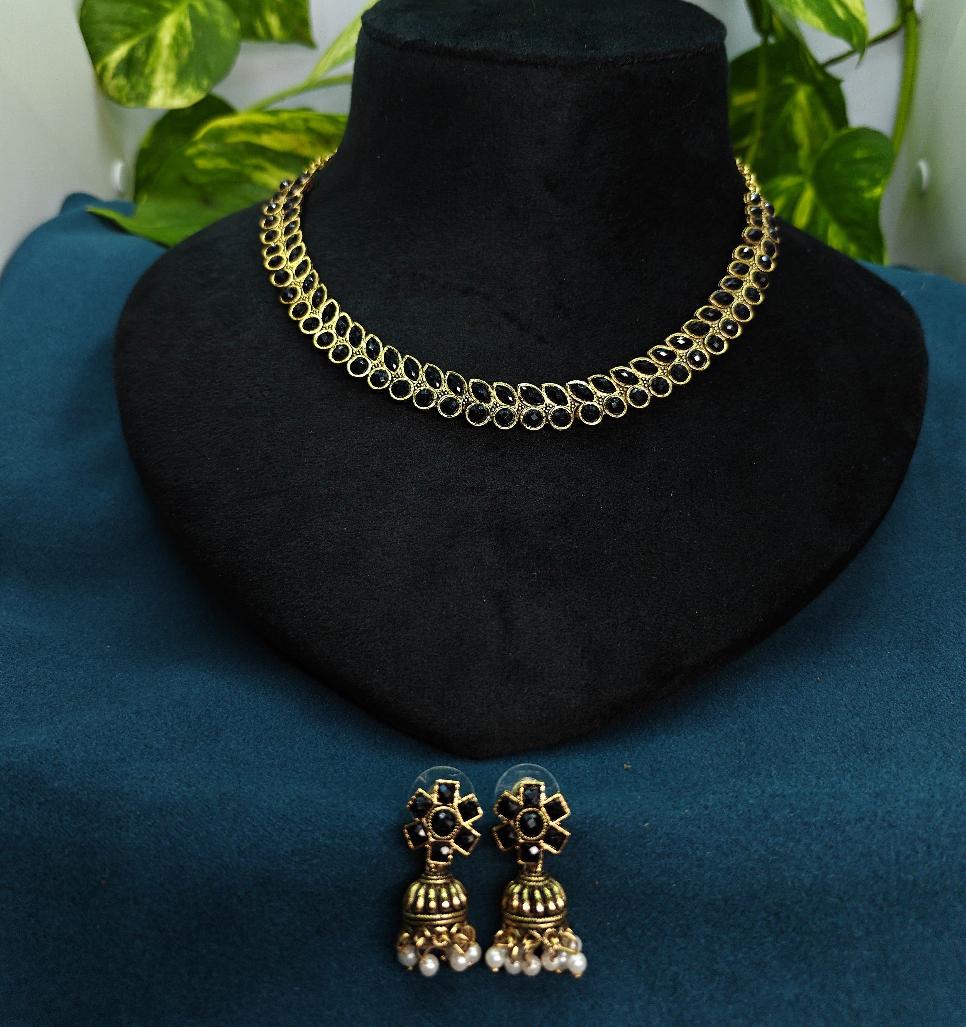 Antique Gold Black Kemp Dual Row Necklace Set for Women - Matte Finish