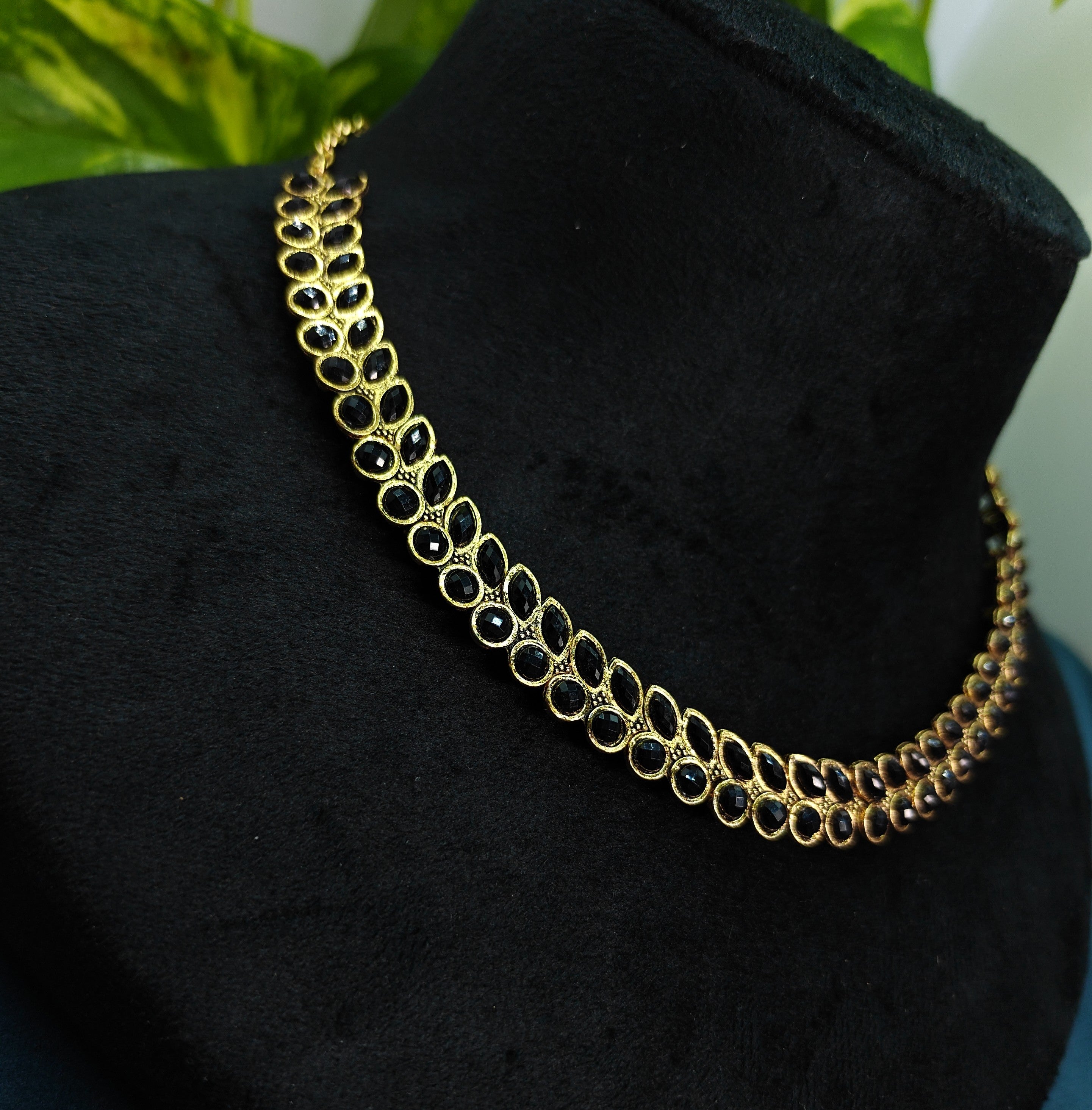 Antique Gold Black Kemp Dual Row Necklace Set for Women - Matte Finish