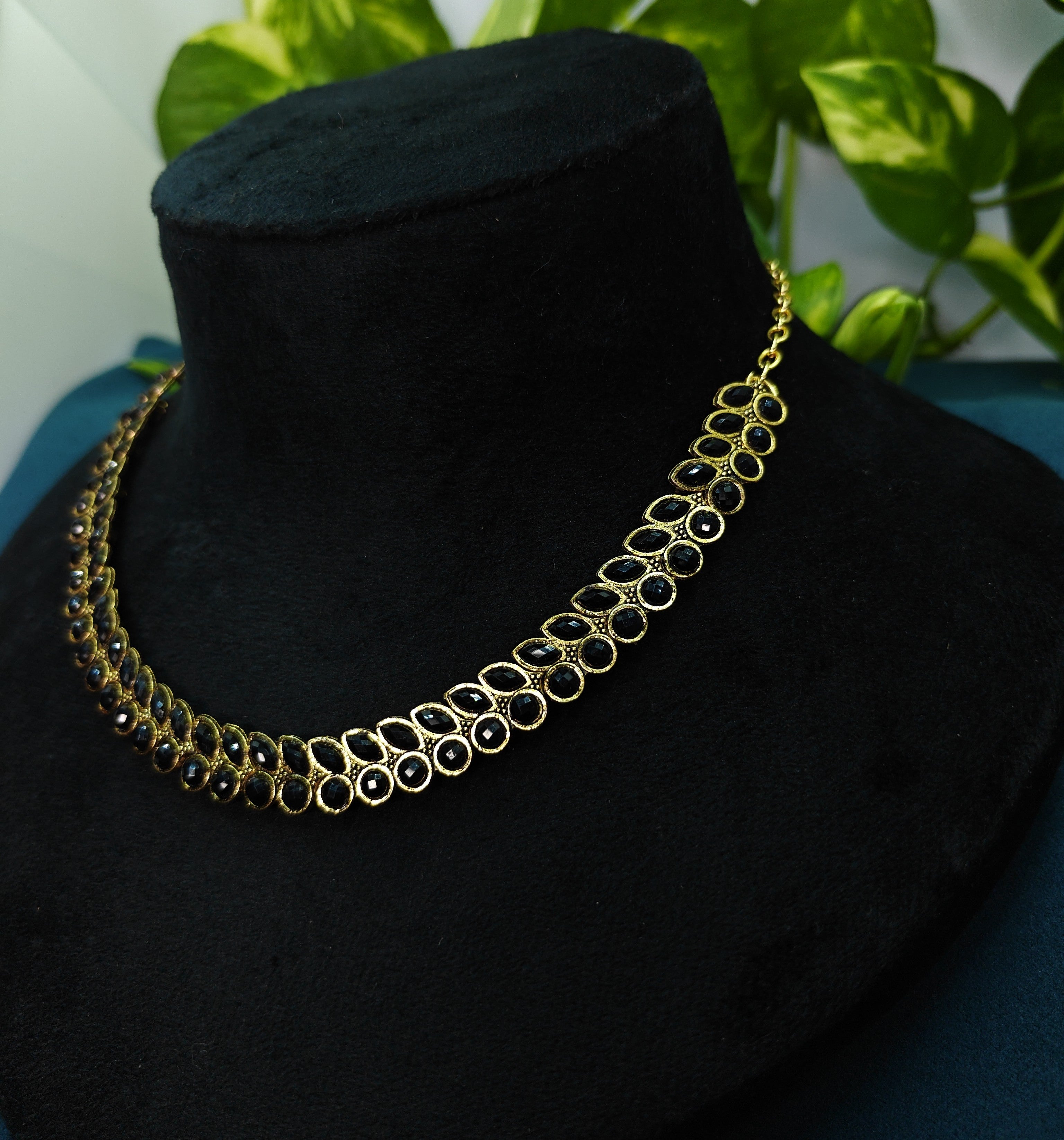 Antique Gold Black Kemp Dual Row Necklace Set for Women - Matte Finish