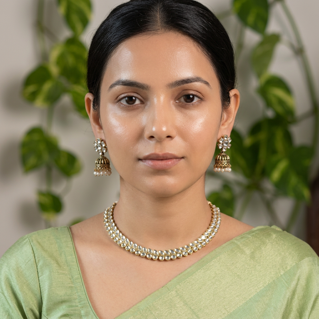 Antique Gold White Kundan Dual Row Necklace Set for Women - Matte Finish
