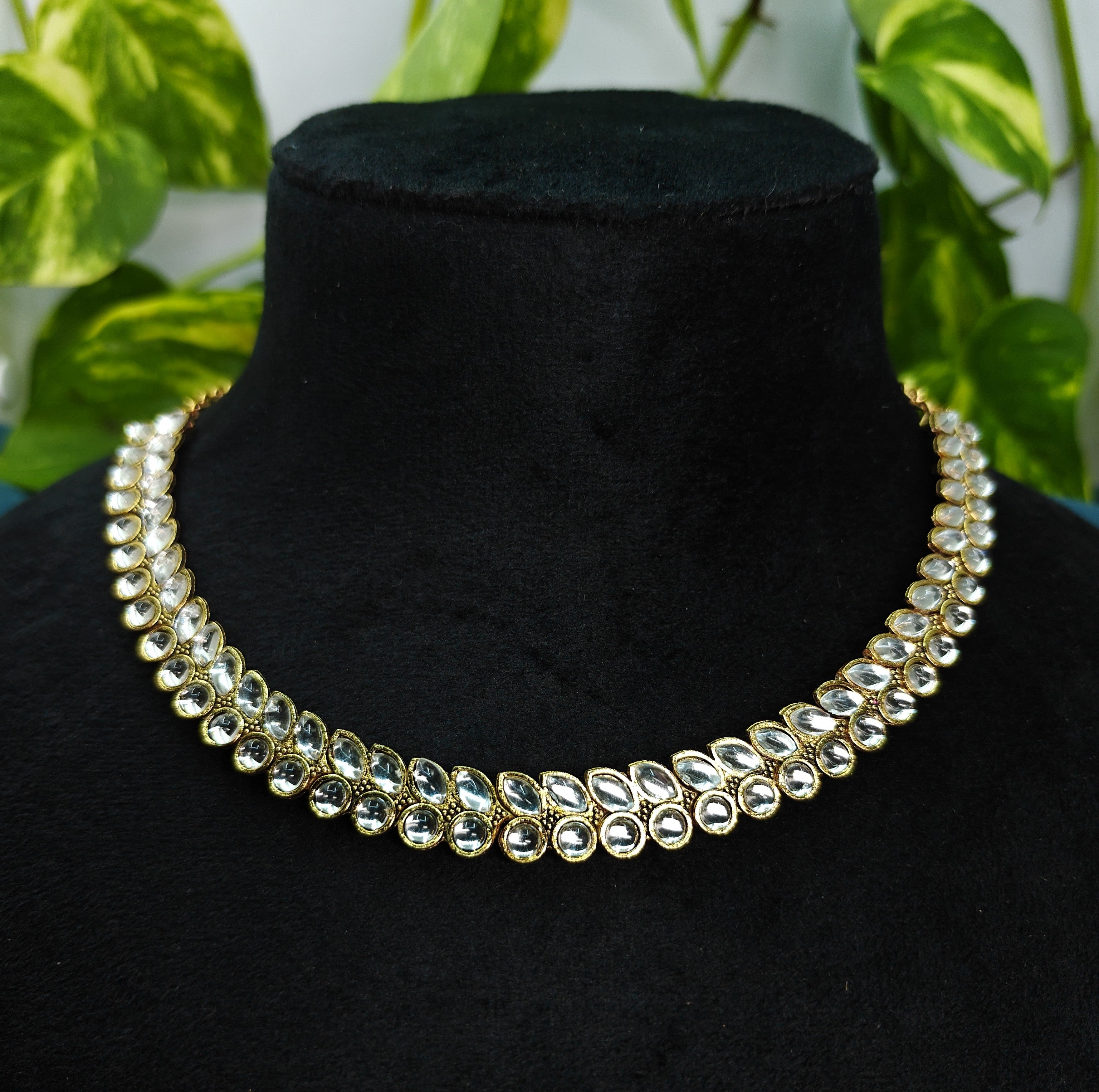 Antique Gold White Kundan Dual Row Necklace Set for Women - Matte Finish