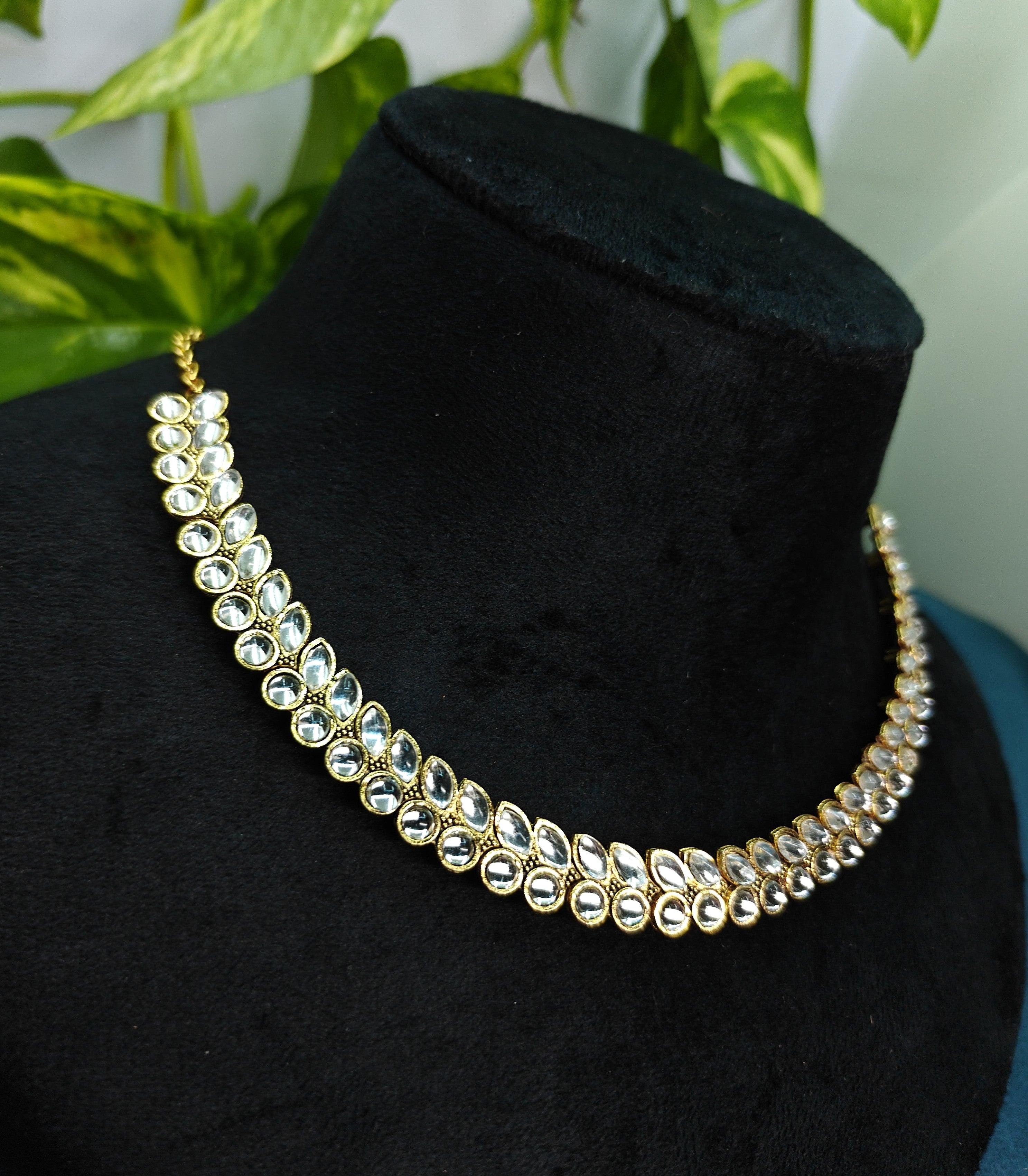 Antique Gold White Kundan Dual Row Necklace Set for Women - Matte Finish