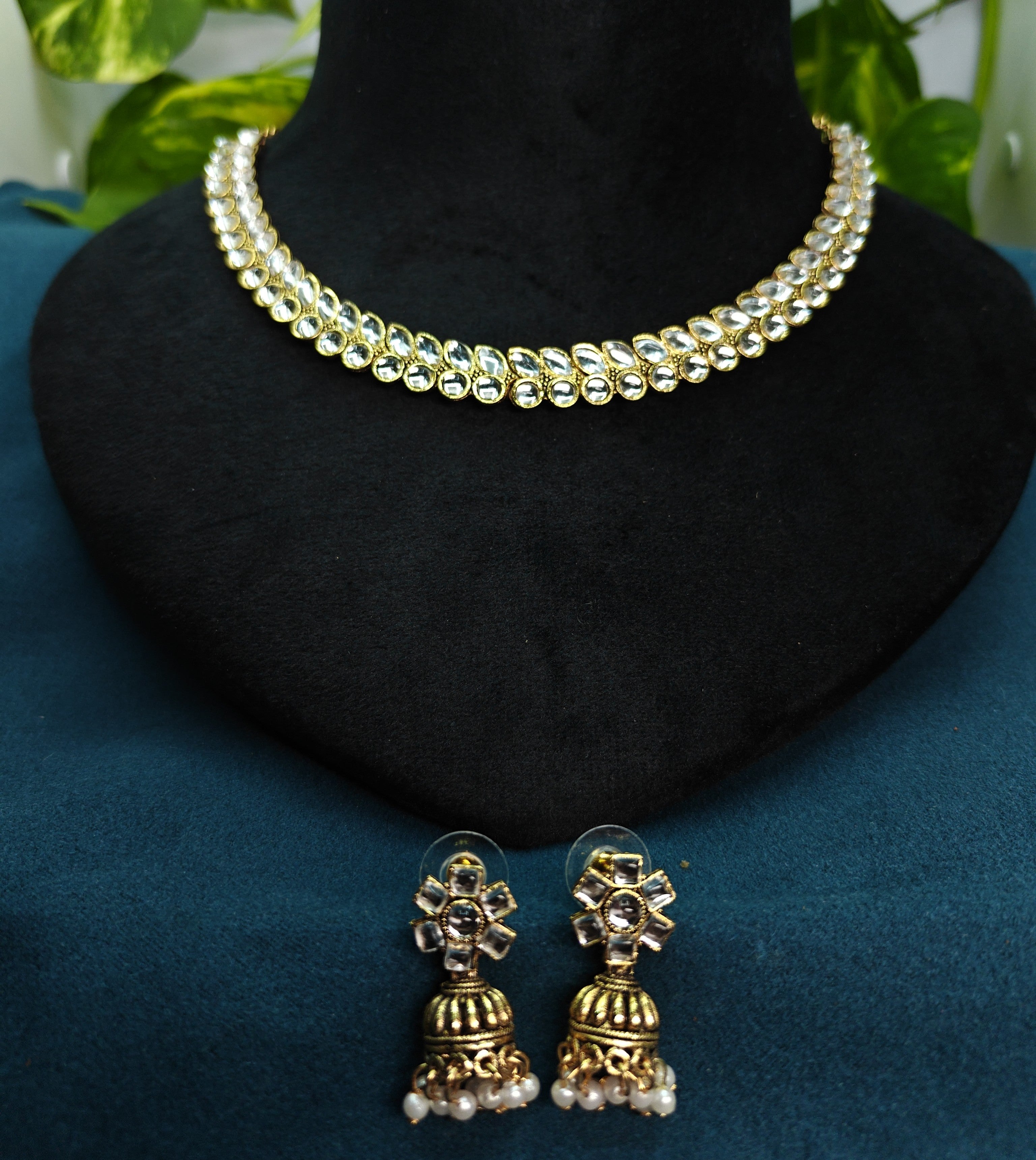 Antique Gold White Kundan Dual Row Necklace Set for Women - Matte Finish