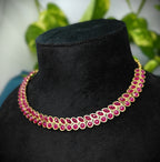 Antique Gold Ruby Red Kemp Dual Row Necklace Set for Women - Matte Finish
