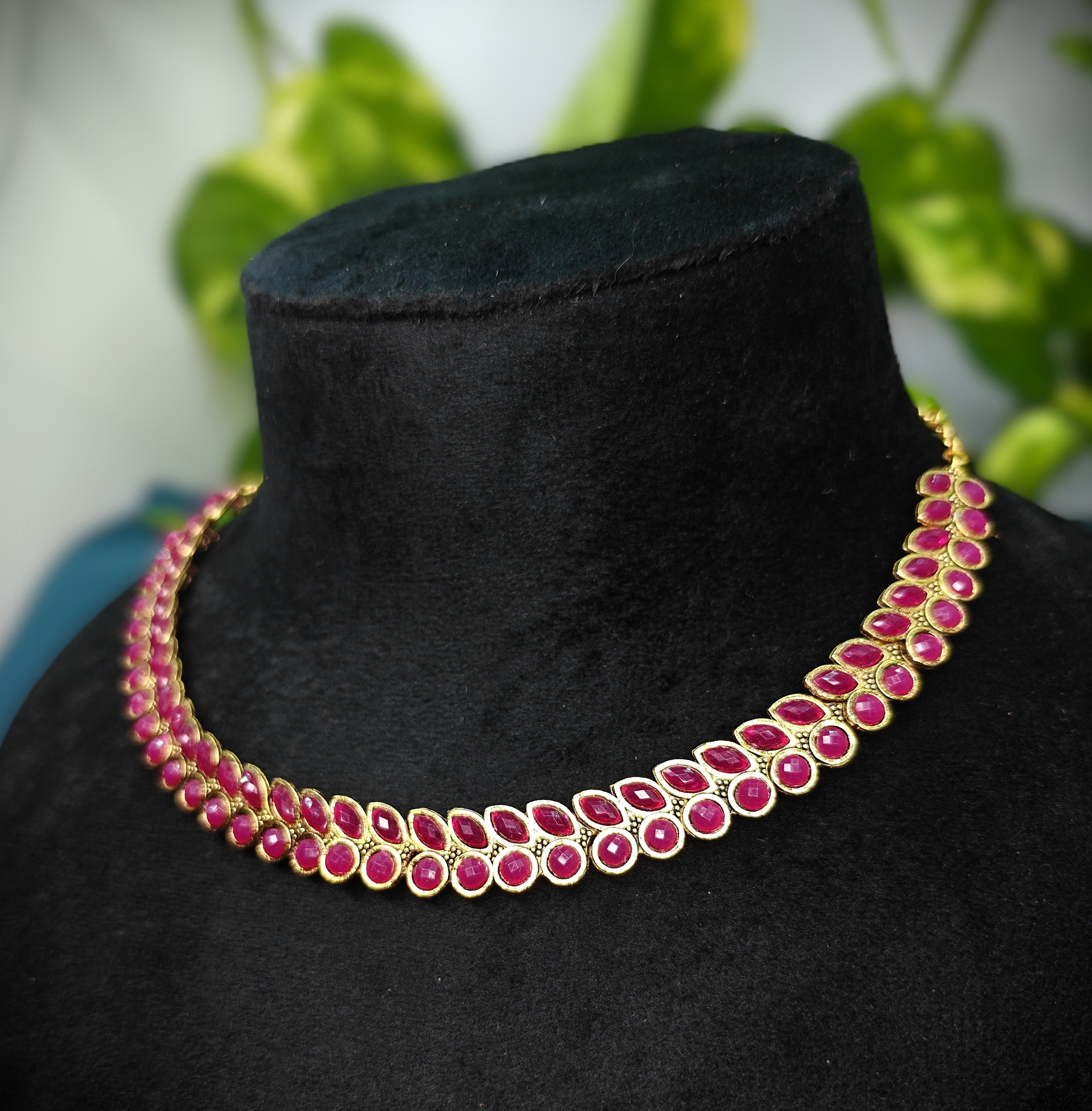 Antique Gold Ruby Red Kemp Dual Row Necklace Set for Women - Matte Finish