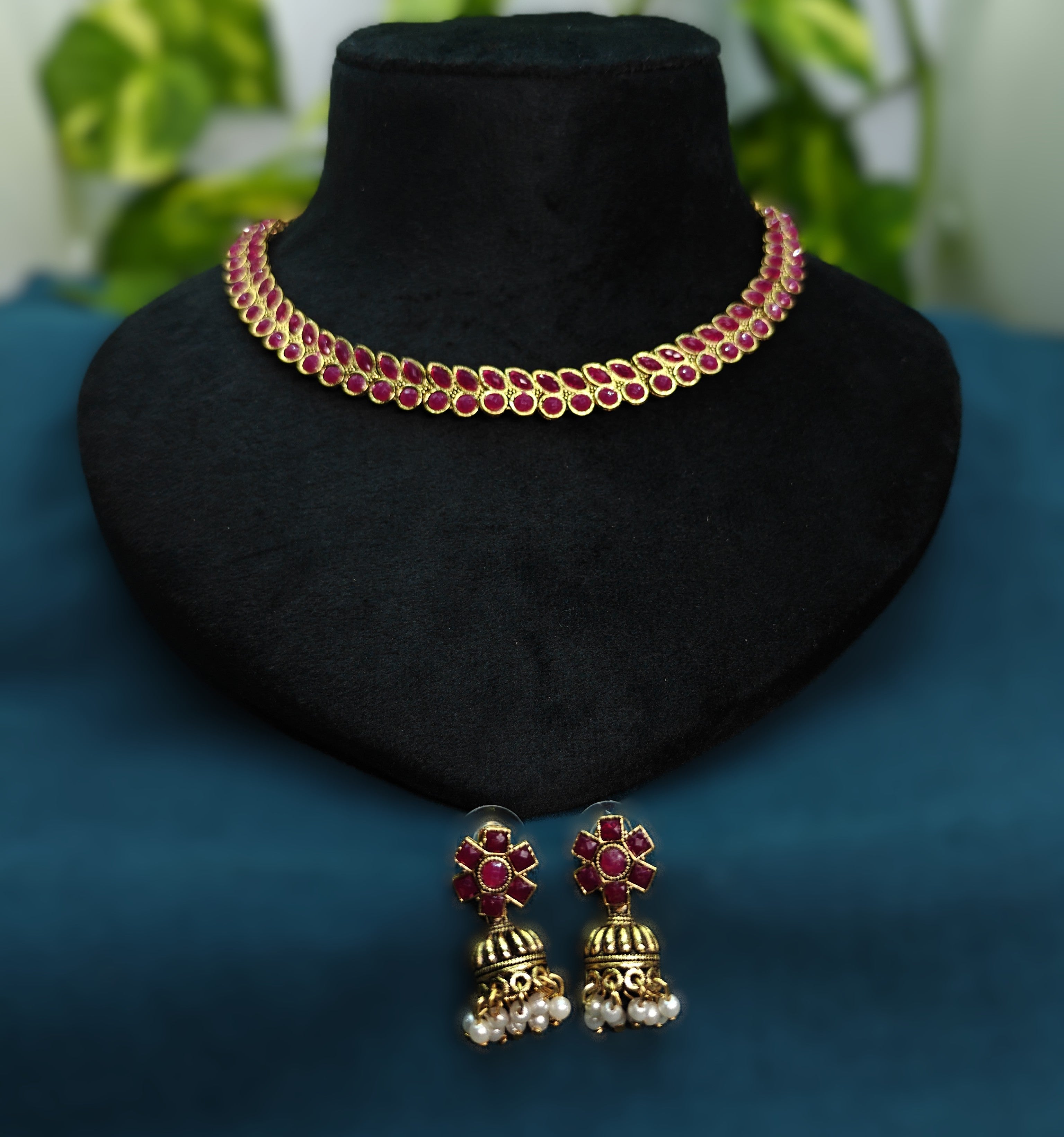 Antique Gold Ruby Red Kemp Dual Row Necklace Set for Women - Matte Finish